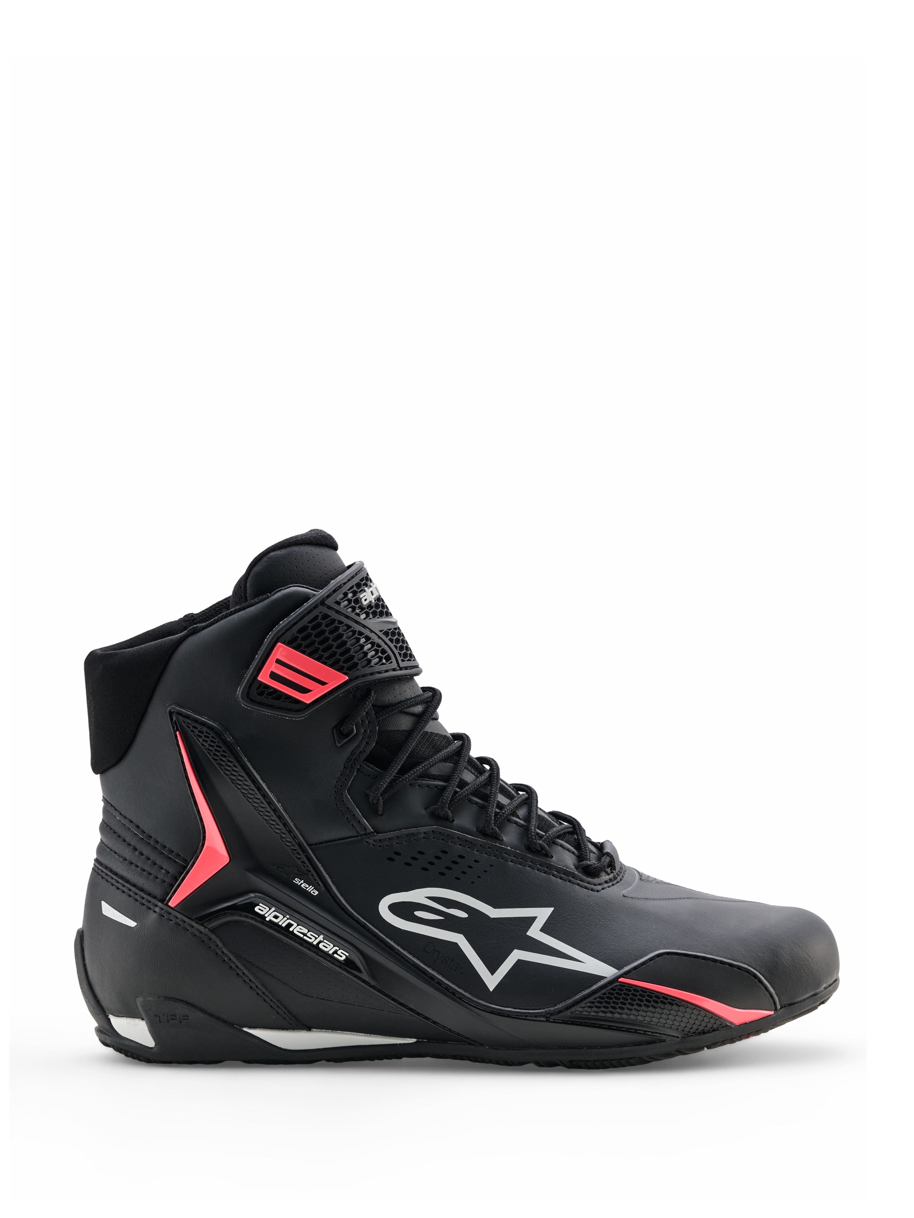 Alpinestars Stella Faster-4 Drystar®, chaussures de moto pour femme, noires avec des accents gris et corail fluo, design montant avec logo latéral et sangle auto-agrippante, microfibre imperméable pour la conduite sportive