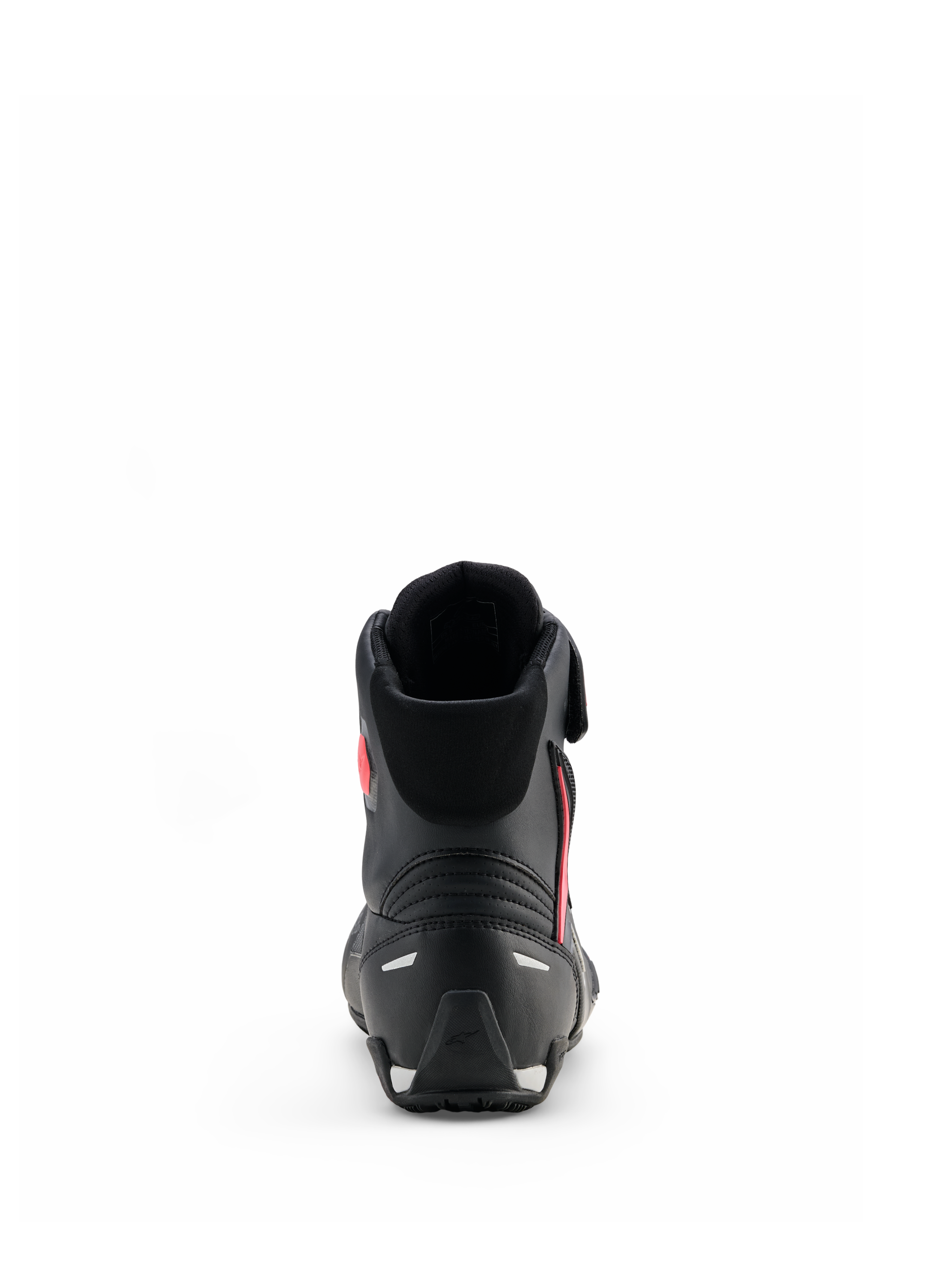Chaussures Alpinestars Stella Faster-4 Drystar® pour femme, noir gris corail fluo, vue arrière montrant le support du talon et les détails réfléchissants, chaussures de moto imperméables au design d'inspiration sportive