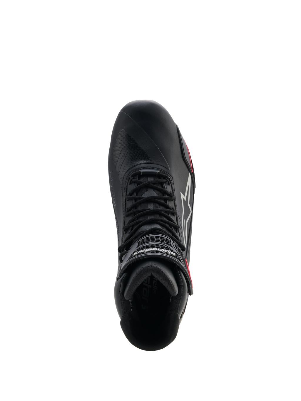 Chaussures femme Alpinestars Stella Faster-4 Drystar®, chaussures de moto, noir, gris et corail fluo, vue de dessus montrant le système de laçage et la sangle de cheville à crochet et boucle, design épuré en microfibre avec technologie Drystar® imperméable