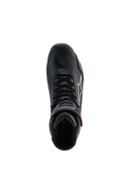 Chaussures femme Alpinestars Stella Faster-4 Drystar®, chaussures de moto, noir, gris et corail fluo, vue de dessus montrant le système de laçage et la sangle de cheville à crochet et boucle, design épuré en microfibre avec technologie Drystar® imperméable