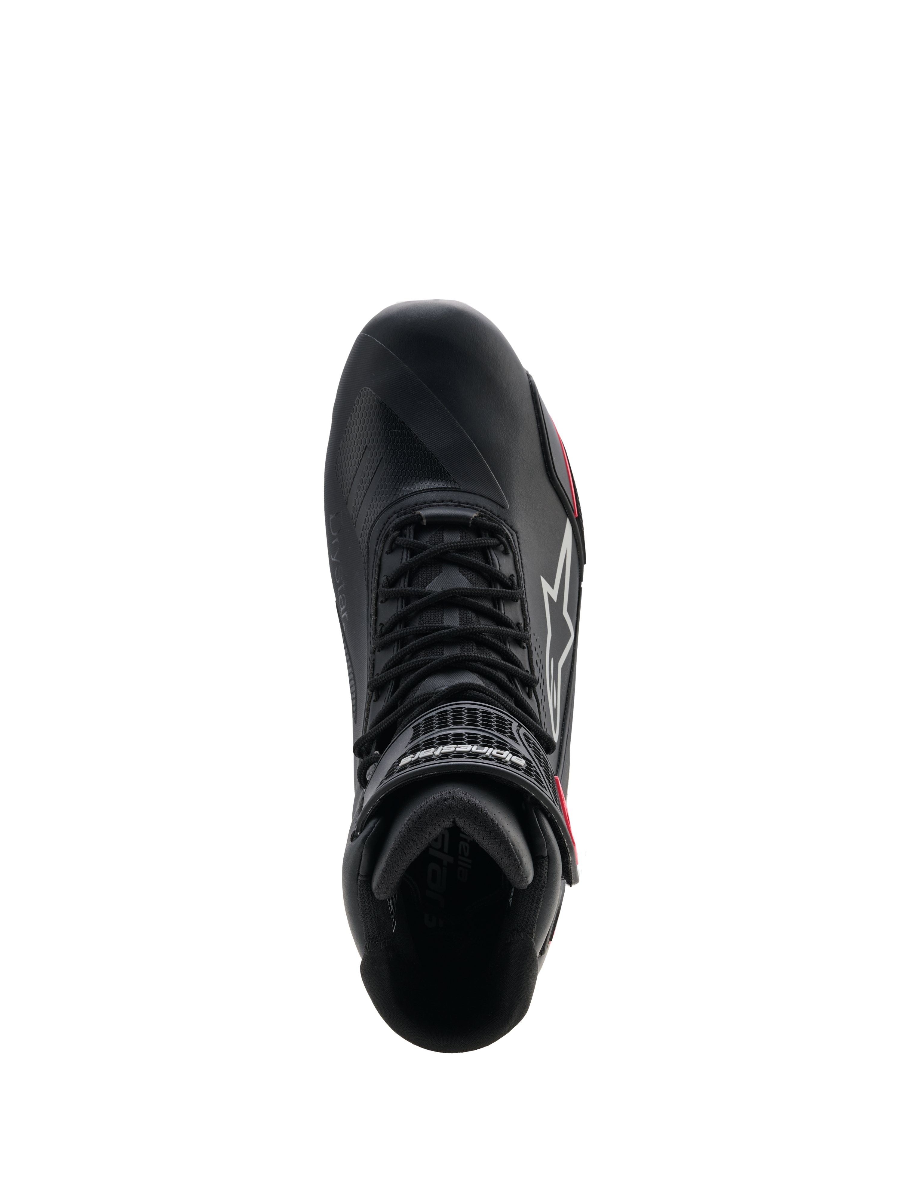 Chaussures femme Alpinestars Stella Faster-4 Drystar®, chaussures de moto, noir, gris et corail fluo, vue de dessus montrant le système de laçage et la sangle de cheville à crochet et boucle, design épuré en microfibre avec technologie Drystar® imperméable