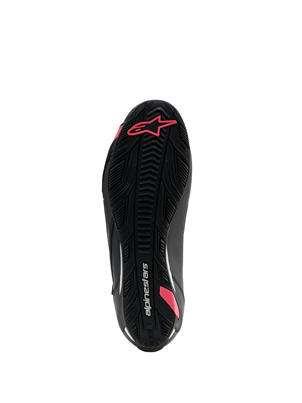 Chaussures Alpinestars Stella Faster-4 Drystar®, chaussures de moto pour femme, noir et corail fluo, vue de dessous de la semelle en caoutchouc texturé présentant un motif d'adhérence, le logo Astars et le marquage Alpinestars.