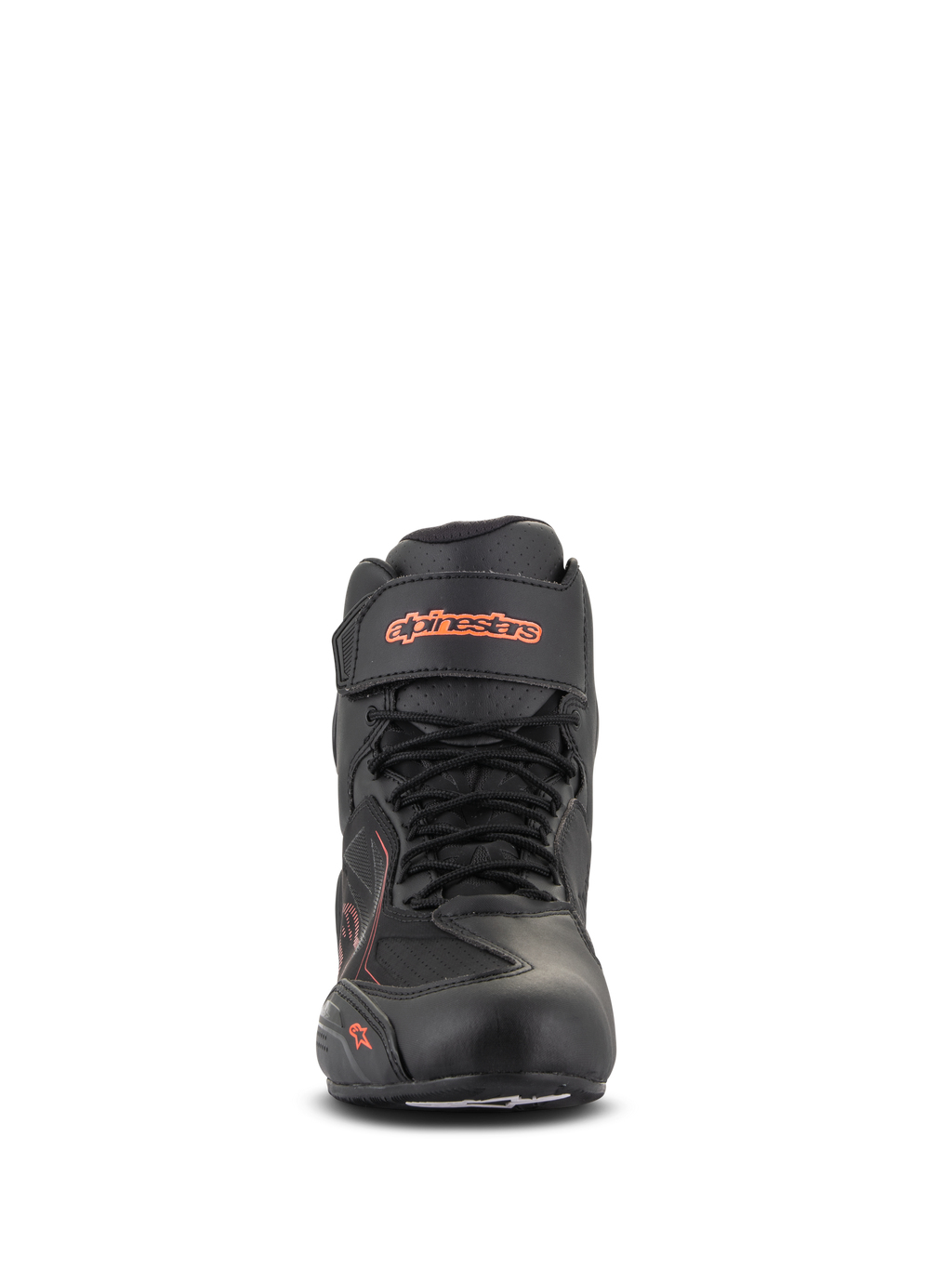 Chaussures Alpinestars Faster-3 Drystar®, noir et rouge fluo, vue de face, chaussures de moto imperméables avec châssis en microfibre, conception à lacets avec sangle velcro à la cheville, logo fluorescent