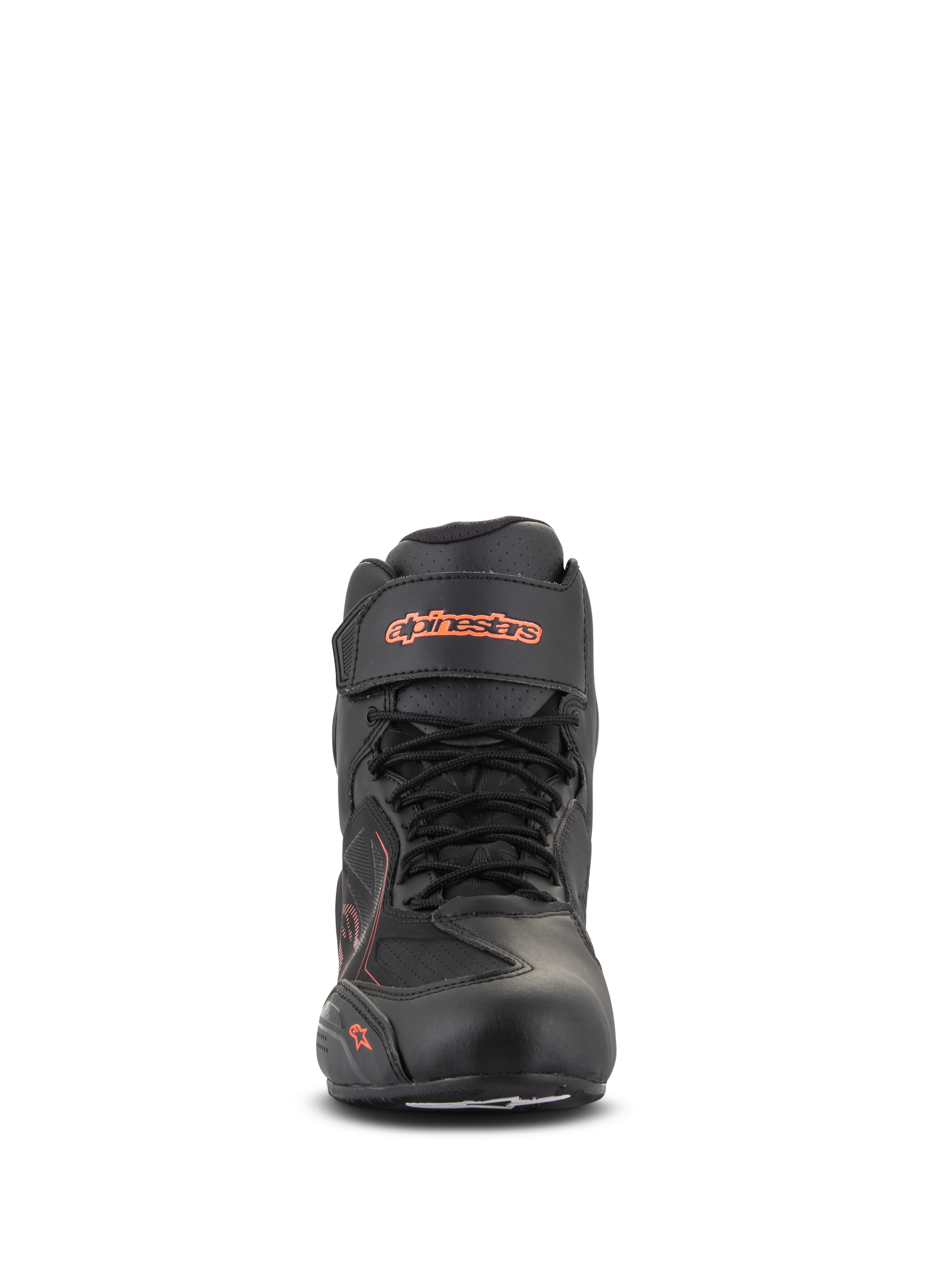 Chaussures Alpinestars Faster-3 Drystar®, noir et rouge fluo, vue de face, chaussures de moto imperméables avec châssis en microfibre, conception à lacets avec sangle velcro à la cheville, logo fluorescent