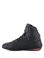 Chaussures Alpinestars Faster-3 Drystar®, chaussures de moto, noir et rouge fluo, vue de profil avec logo Drystar embossé et détail de talon rouge fluorescent, châssis en microfibre élégant pour la conduite urbaine et routière