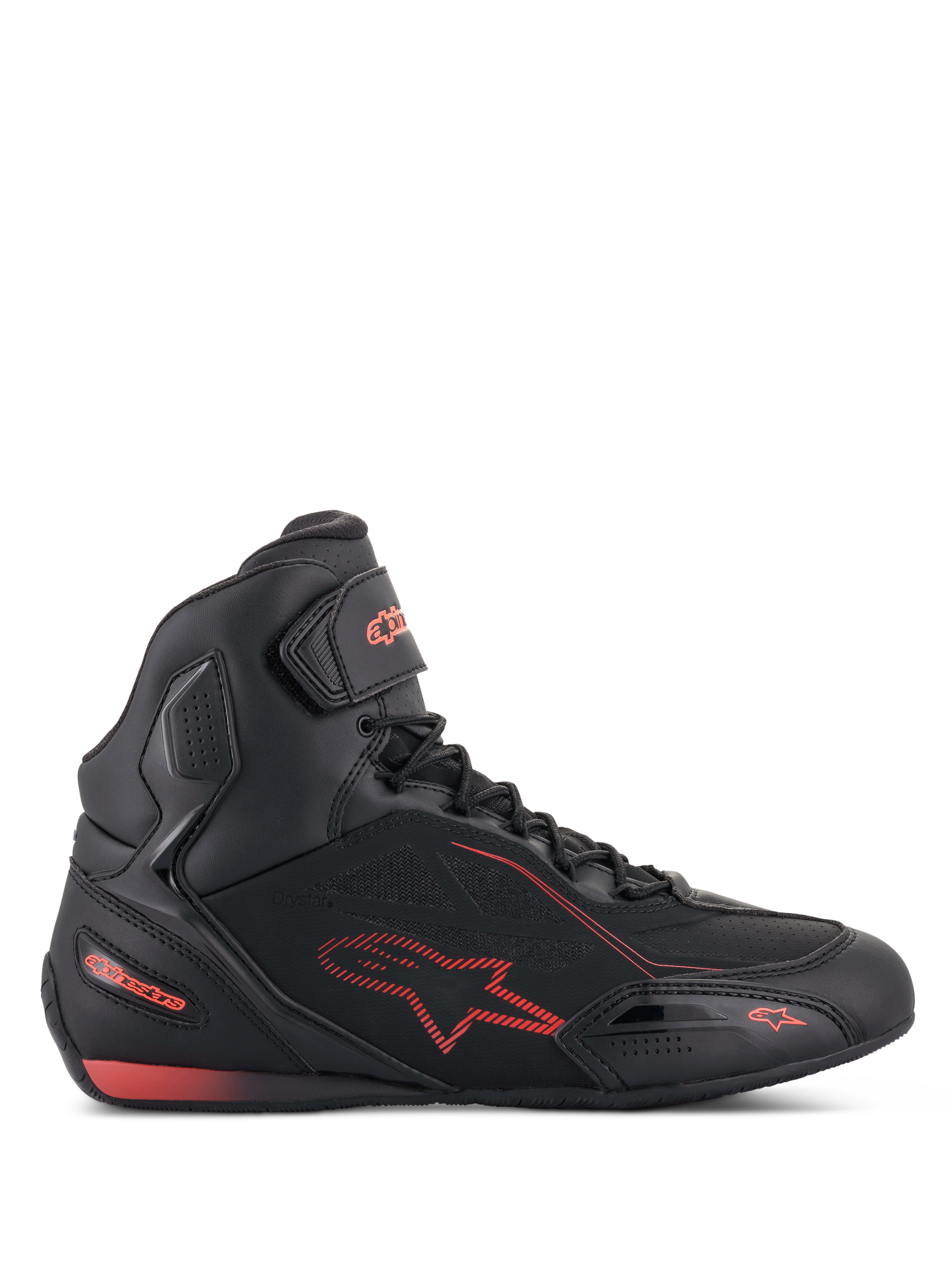 Alpinestars Faster-3 Drystar Schuhe, Motorradschuhe in Schwarz und Fluo-Rot, Seitenansicht, High-Top-Sneaker-Stil mit leichtem Mikrofaser-Chassis, wasserdichte Drystar-Membran, rotes Stern-Logo und Branding, Klettverschluss am Knöchel, perforierte Details für Atmungsaktivität.