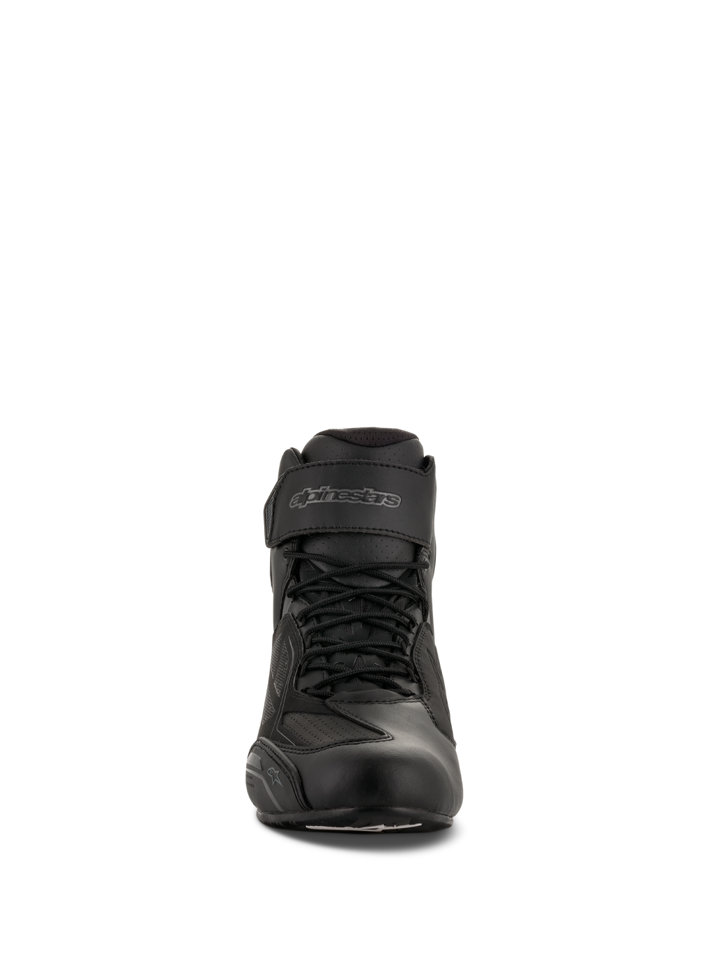 Alpinestars Faster-3 Drystar® Motorradschuhe, Schwarz Cool Gray, Vorderansicht mit Schnürverschluss und Klettverschluss am Knöchel, wasserdichtes Motorrad-Schuhwerk aus Mikrofaser