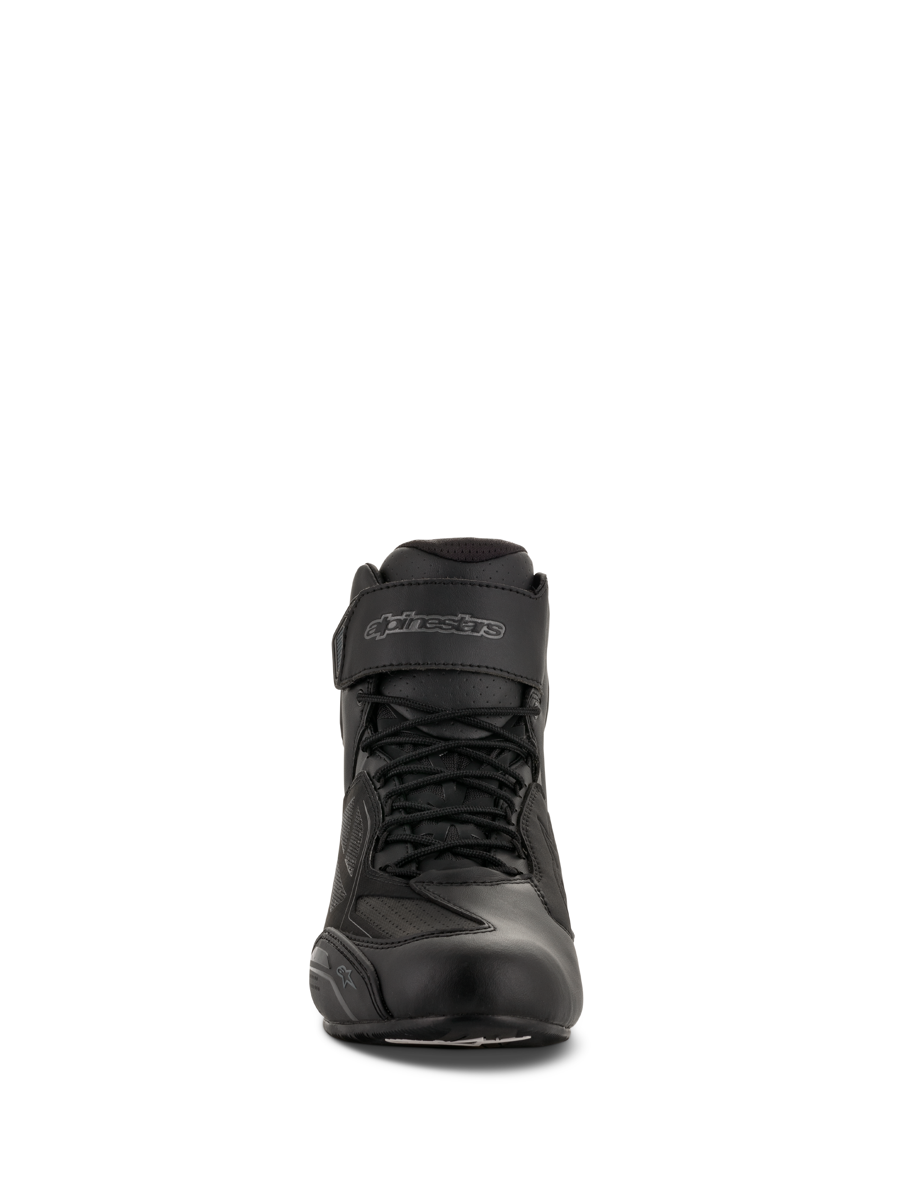 Alpinestars Faster-3 Drystar® Motorradschuhe, Schwarz Cool Gray, Vorderansicht mit Schnürverschluss und Klettverschluss am Knöchel, wasserdichtes Motorrad-Schuhwerk aus Mikrofaser