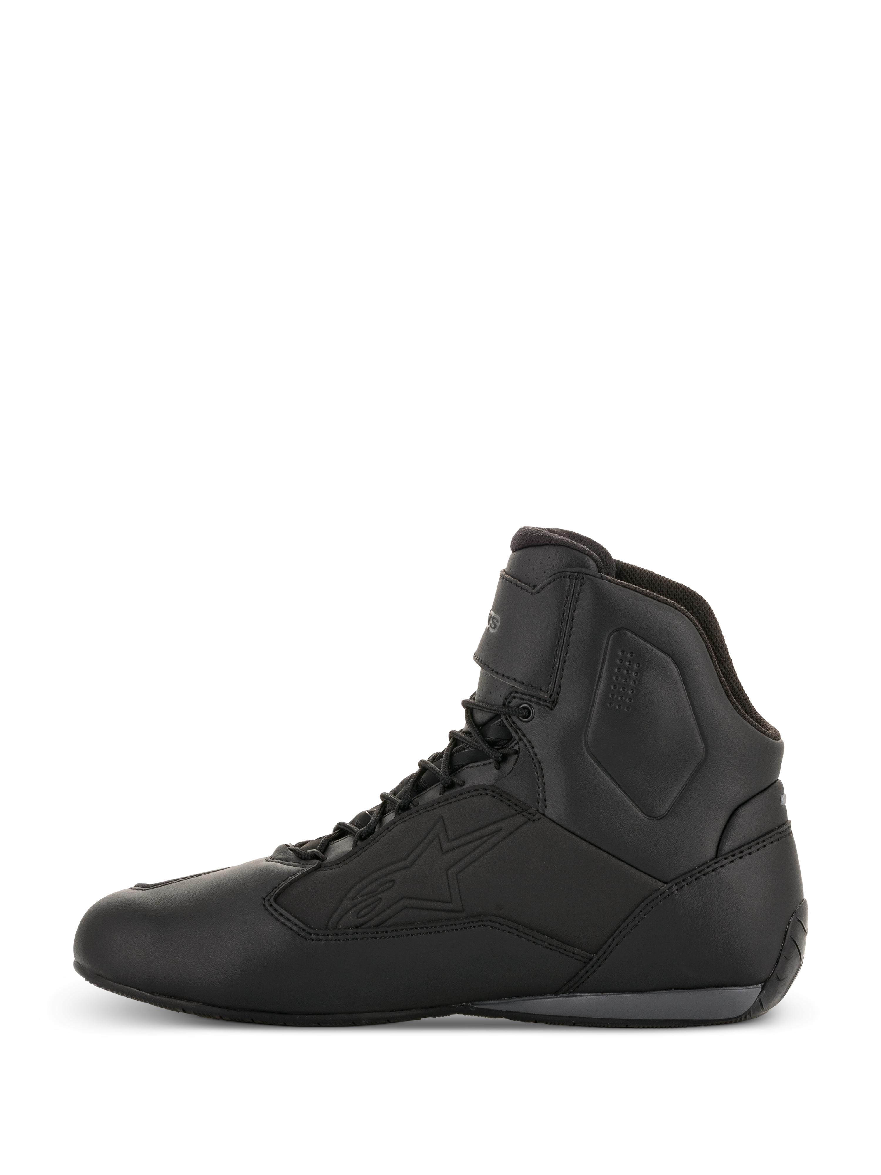Alpinestars Faster-3 Drystar® Motorradschuhe, Motorradschuhe, Schwarz Cool Gray, Seitenprofil-Ansicht, High-Top-Design mit Schnürung, wasserdichte Mikrofaser-Konstruktion, technische Ausrüstung für Straßenfahrten