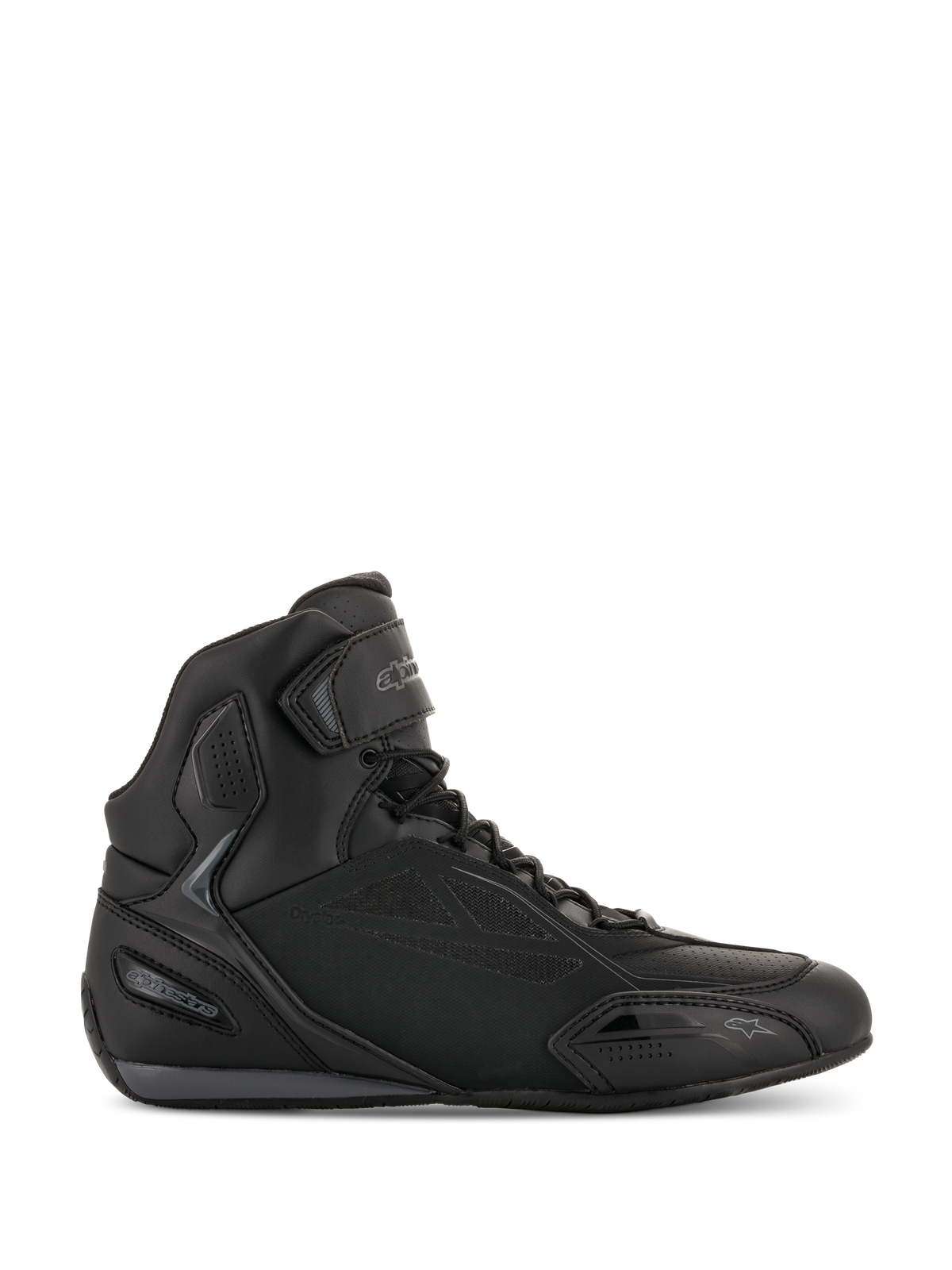 Alpinestars Faster-3 Drystar, chaussures de moto montantes, noires, design moderne et sportif, avec sangle velcro, col rembourré, semelle renforcée pour protection et durabilité