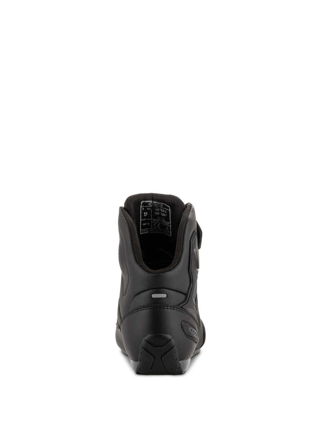 Alpinestars Faster-3 Drystar® Motorradschuhe, Black Cool Gray, Rückansicht mit Fersenverstärkung, reflektierendem Tab und Innenfutter, wasserdichte Mikrofaser-Konstruktion für Straßenfahrten.