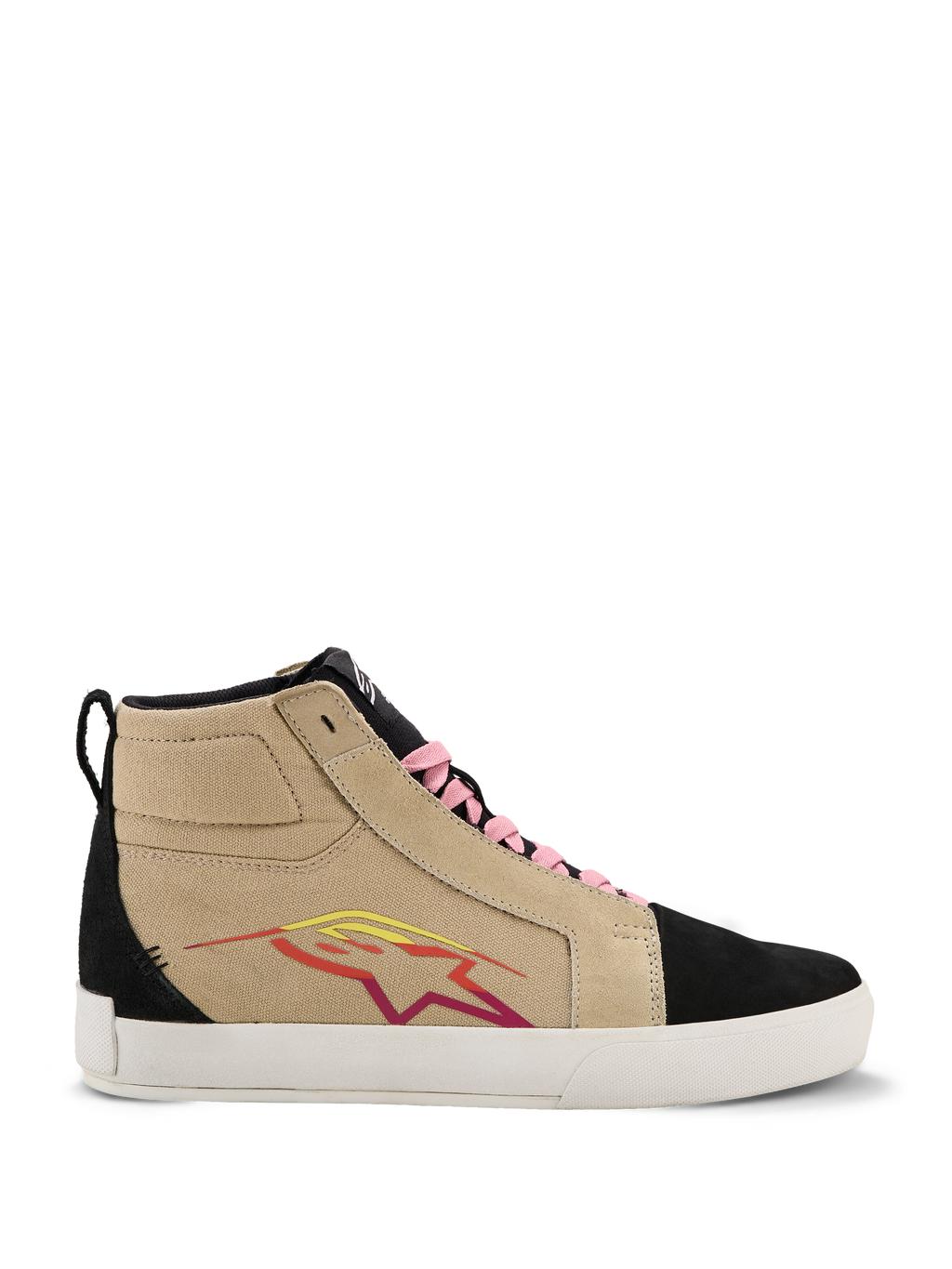 Alpinestars Ride-63 Canvas-Schuhe, High-Top Sneaker, Beige und Schwarz, rosa Schnürsenkel, weiße Sohle, mehrfarbiges Stern-Logo in Rot und Gelb, wildlederähnliche Textur, lässiges, vom Motorsport inspiriertes Schuhwerk