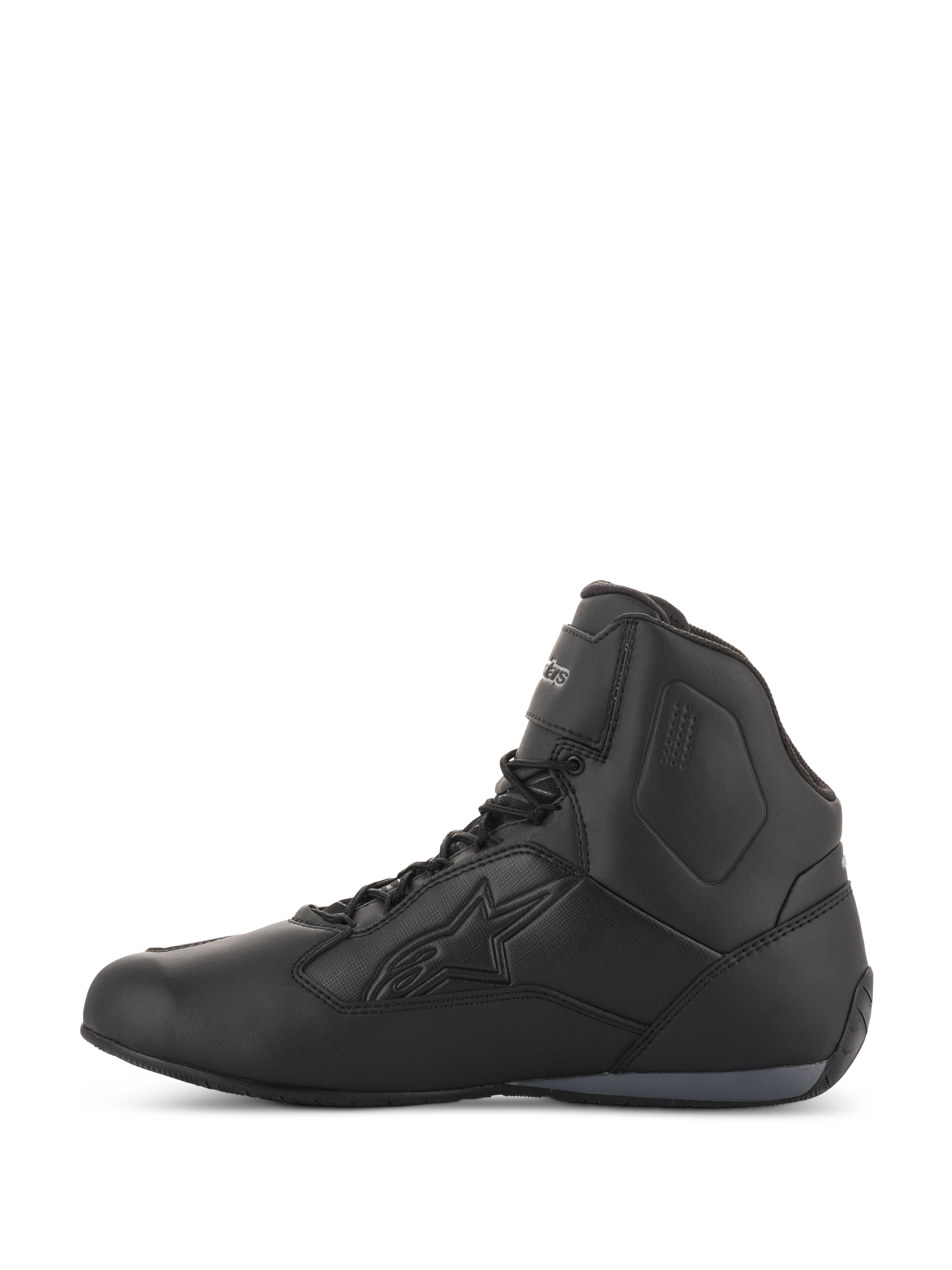Alpinestars Stella Faster-3 Drystar® Damenschuhe, Schwarz und Dunkelgrau, wasserdichte Motorradschuhe, Seitenansicht mit strapazierfähigem Mikrofaser-Chassis, Schnürverschluss mit Knöchelriemen und geprägtem Alpinestars-Logo.