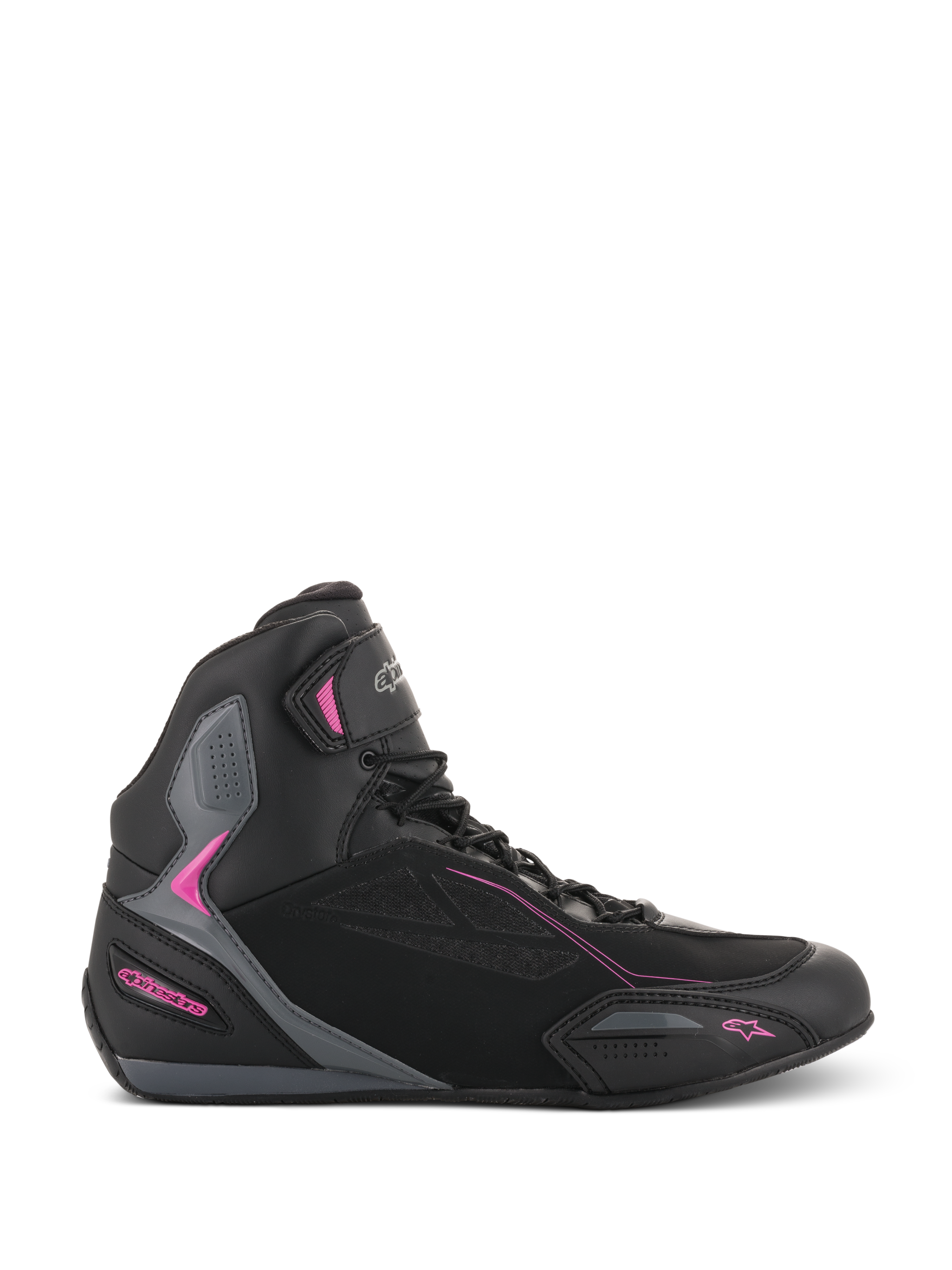 Alpinestars Stella Faster-3 Drystar® Damenschuhe, Motorrad-Sneaker, Schwarz mit dunkelgrauen und fuchsia-pinken Akzenten, Seitenansicht mit hohem Schaft, Schnürung mit Klettverschluss am Knöchel und verstärkten Schutzelementen.