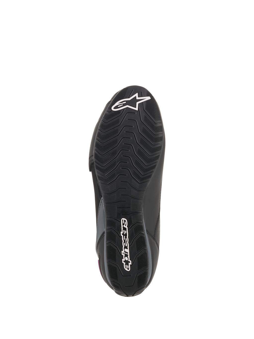 Alpinestars Stella Faster-3 Drystar® Damen-Motorradschuhe, Sohlenansicht, schwarze Gummiaußensohle mit strukturiertem Profilmuster, weißes Alpinestars Stern-Logo und Wortmarken-Branding, strapazierfähige Motorradschuh-Konstruktion