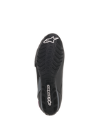 Alpinestars Stella Faster-3 Drystar® Damen-Motorradschuhe, Sohlenansicht, schwarze Gummiaußensohle mit strukturiertem Profilmuster, weißes Alpinestars Stern-Logo und Wortmarken-Branding, strapazierfähige Motorradschuh-Konstruktion