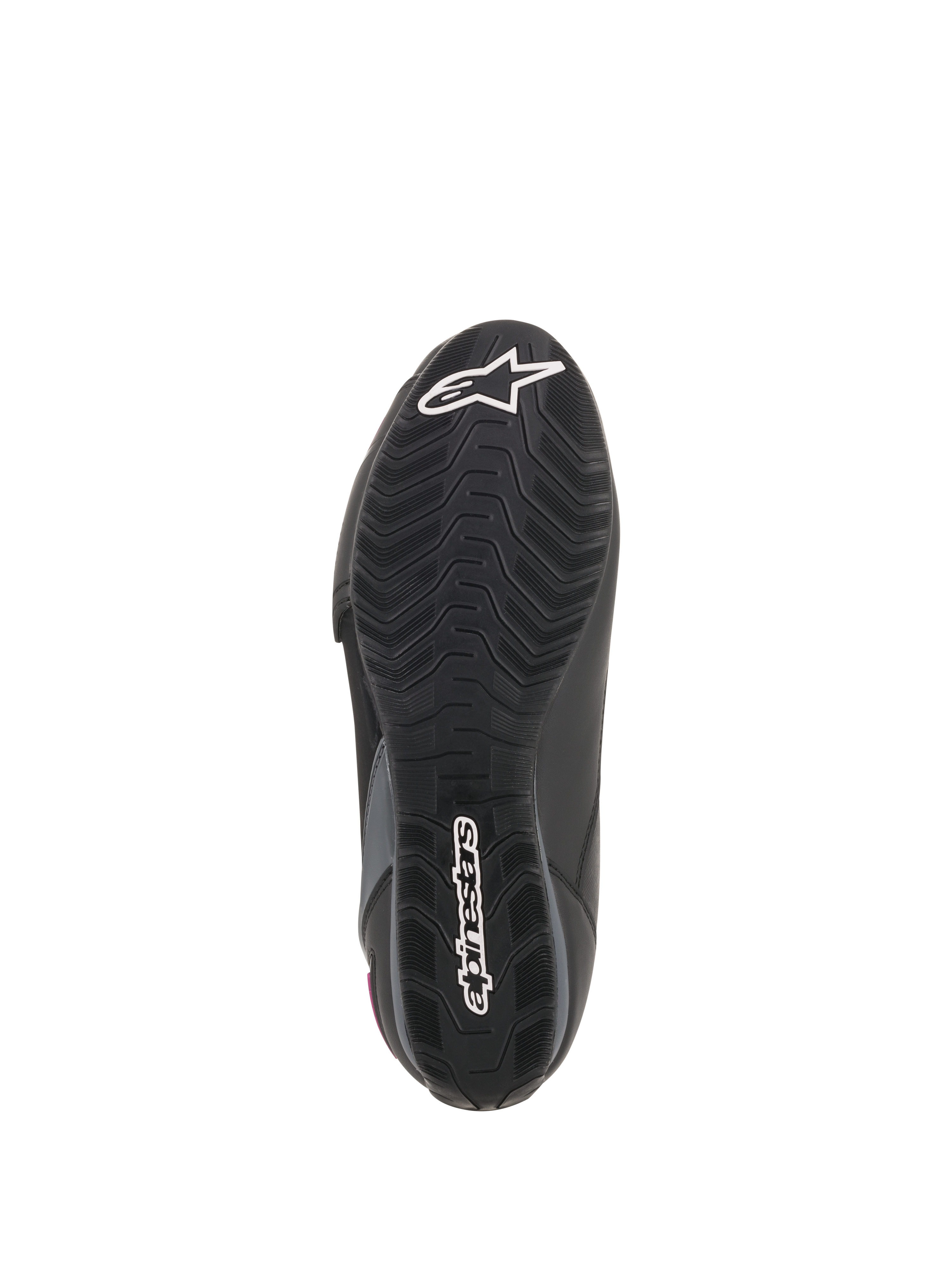 Alpinestars Stella Faster-3 Drystar® Damen-Motorradschuhe, Sohlenansicht, schwarze Gummiaußensohle mit strukturiertem Profilmuster, weißes Alpinestars Stern-Logo und Wortmarken-Branding, strapazierfähige Motorradschuh-Konstruktion