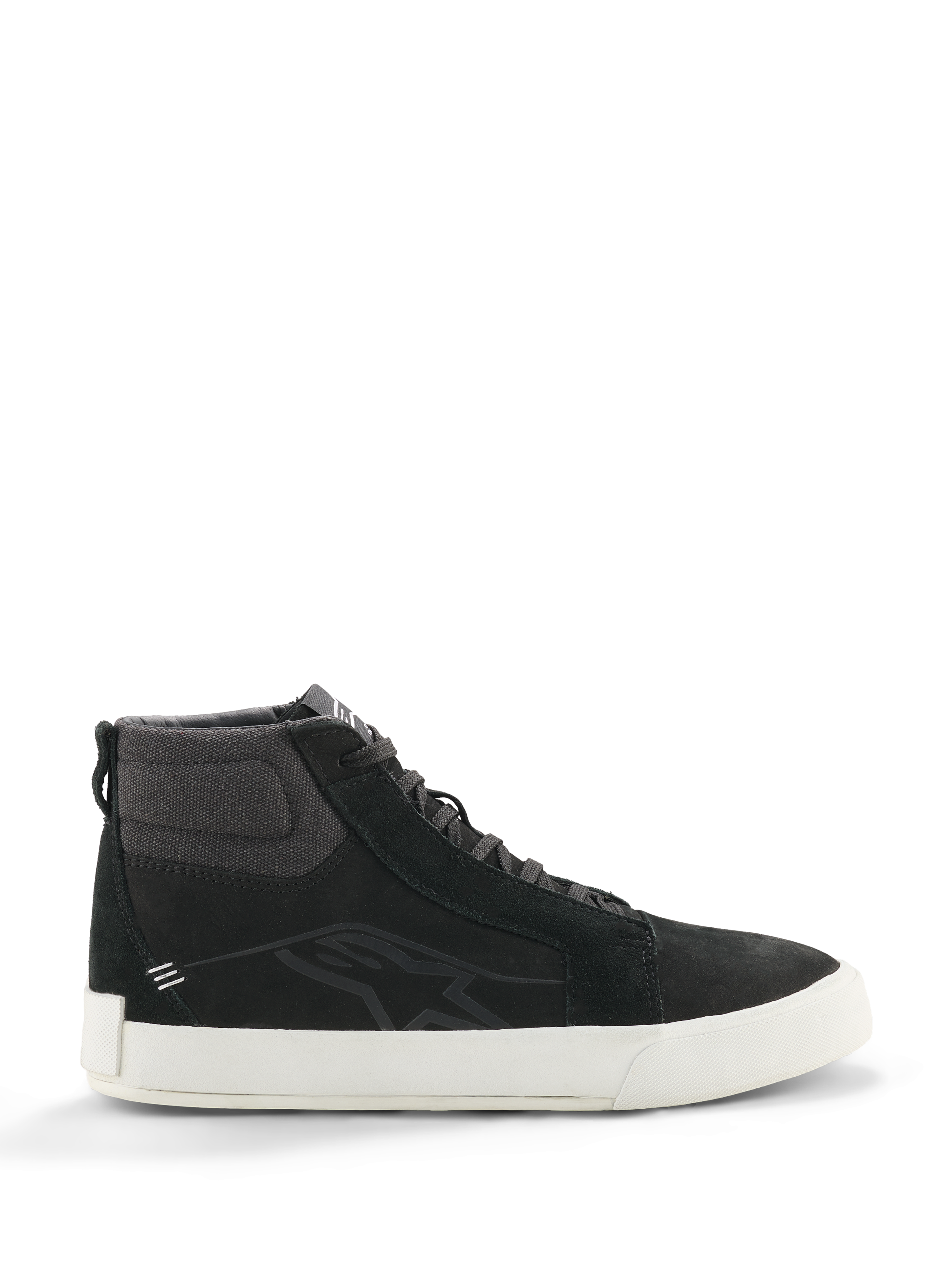 Alpinestars Ride-63 Leather Shoes, baskets montantes noires, chaussures de moto urbaines, semelle blanche, col de cheville en tissu texturé, empiècements en suède noir, design minimaliste