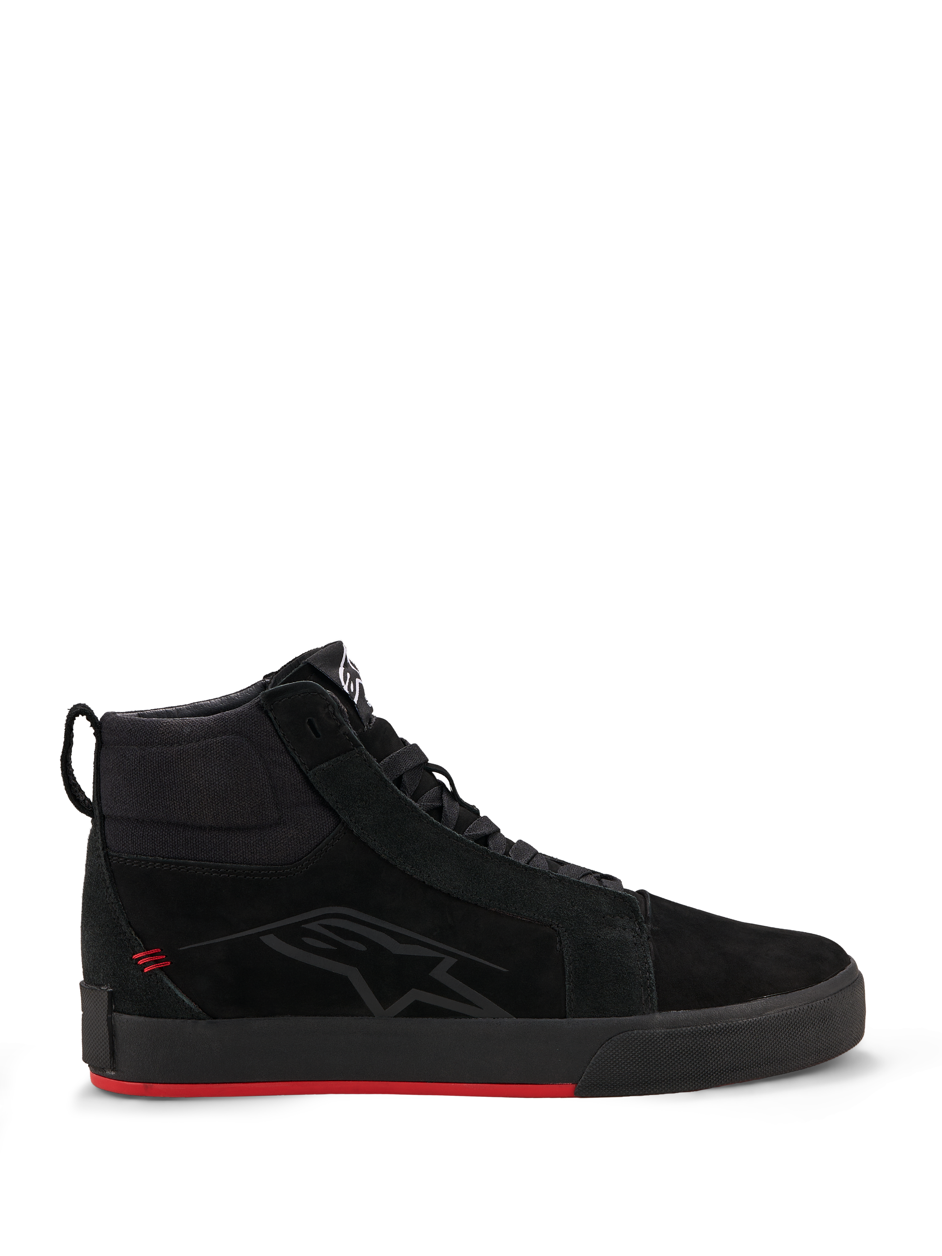 Alpinestars Ride-63 Leather Shoes, Urban Motorcycle Shoes, Black and Bright Red, skate-inspired high-top profile, premium leather and nubuck upper, black vulcanized sole with bright red bottom, subtle logo on the side, casual motorcycle streetwear
