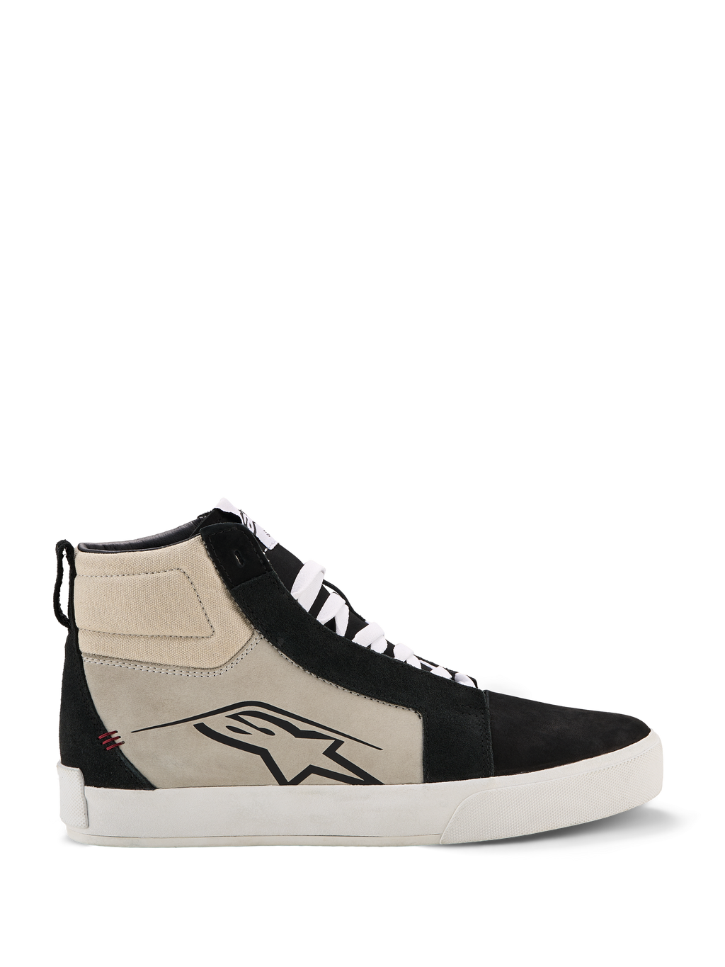 Alpinestars Ride-63 Leder-Schuhe, High-Top Motorrad-Sneaker, Schwarz, Cool Gray und Weiß, Seitenprofil mit schwarzem A-Star-Logo, weiße vulkanisierte Sohle, Wildlederverstärkungen, weiße Schnürsenkel, urbane Freizeit-Motorsport-Fußbekleidung