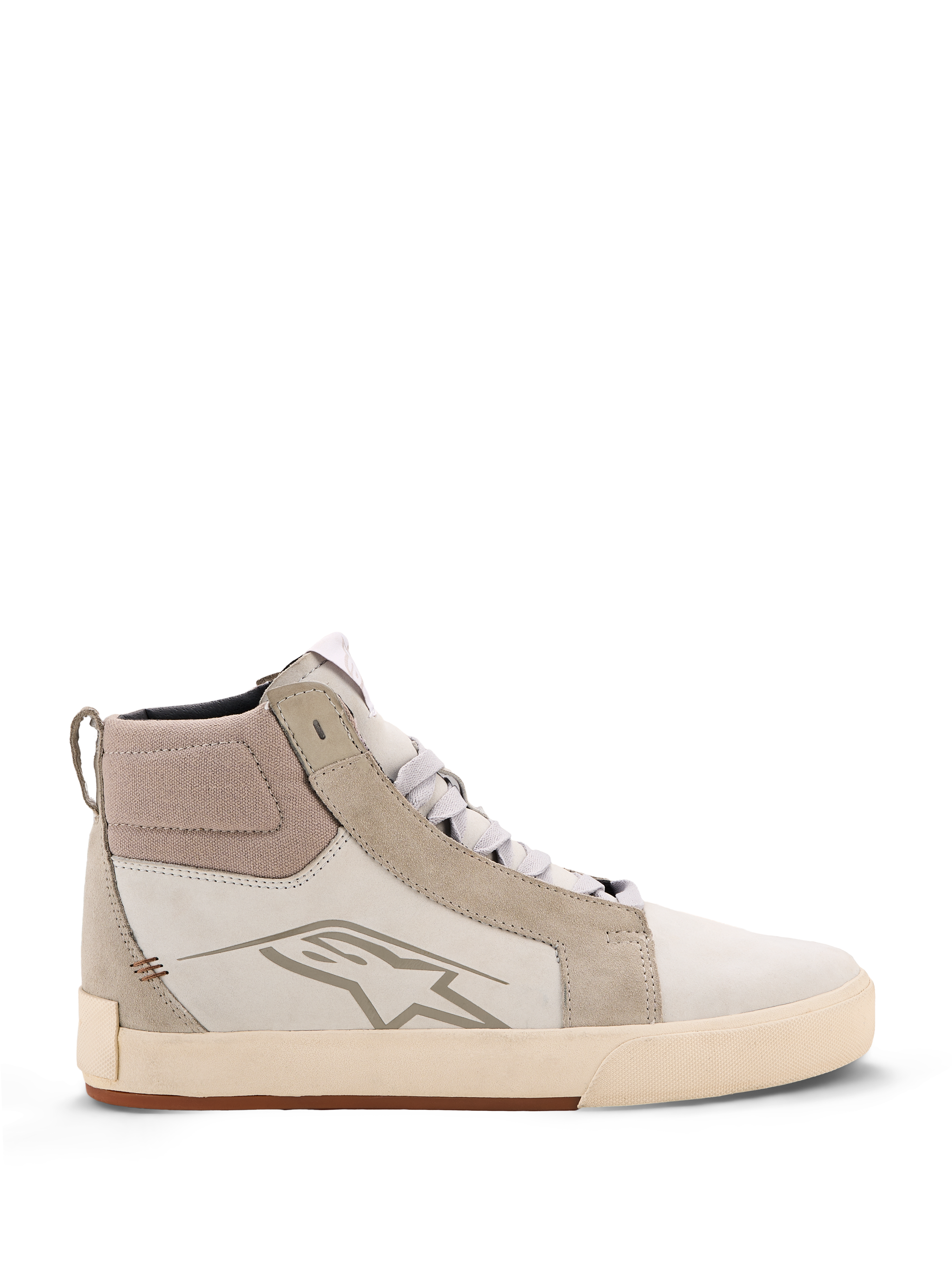 Alpinestars Ride-63 Leather Shoes, Urban Motorcycle Shoes, Off White and Cool Gray with Gum sole, high-top design with leather and suede panels, featuring Alpinestars star logo on the side and a textured vulcanized rubber outsole.