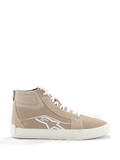 Chaussures en cuir Alpinestars Ride-63, chaussures de moto urbaines, sable et blanc, silhouette montante style urbain avec empiècements en daim, lacets blancs, logo Astars blanc sur le côté et semelle en caoutchouc vulcanisé blanc