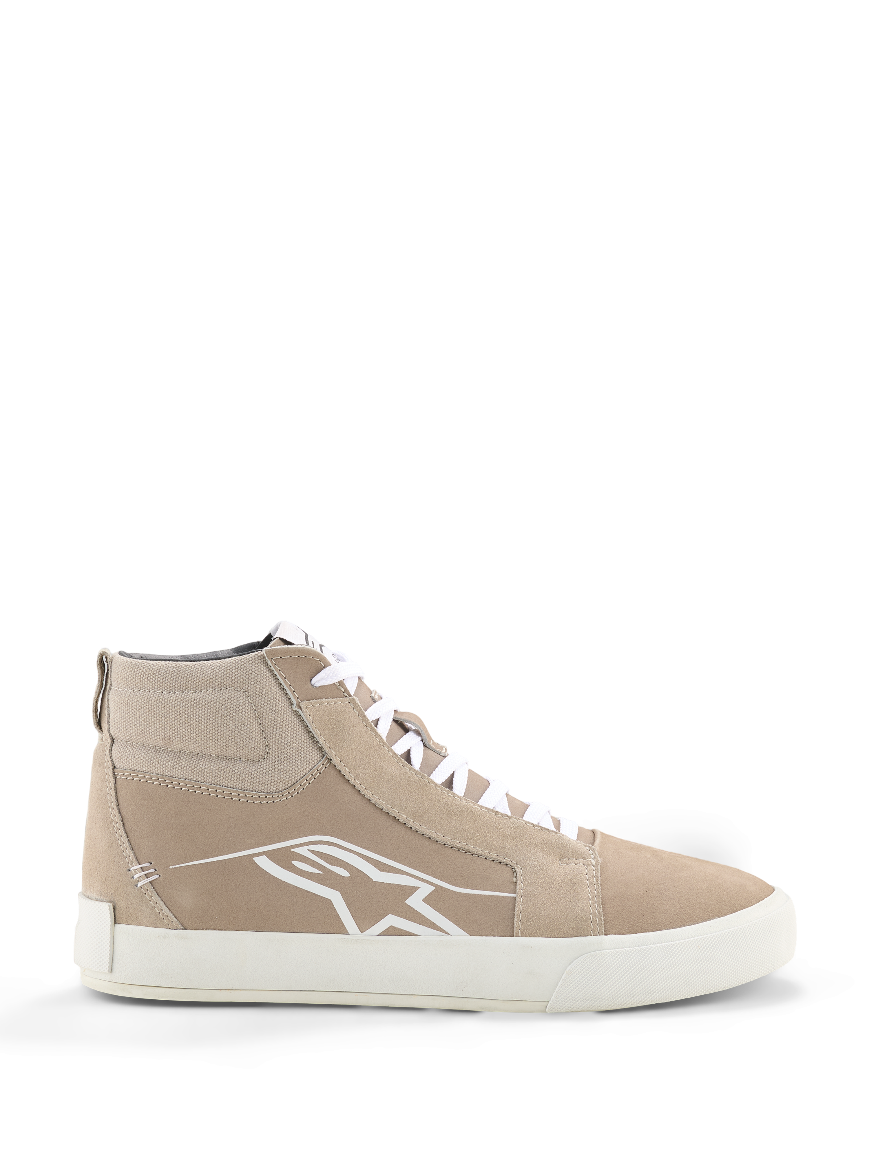 Chaussures en cuir Alpinestars Ride-63, chaussures de moto urbaines, sable et blanc, silhouette montante style urbain avec empiècements en daim, lacets blancs, logo Astars blanc sur le côté et semelle en caoutchouc vulcanisé blanc