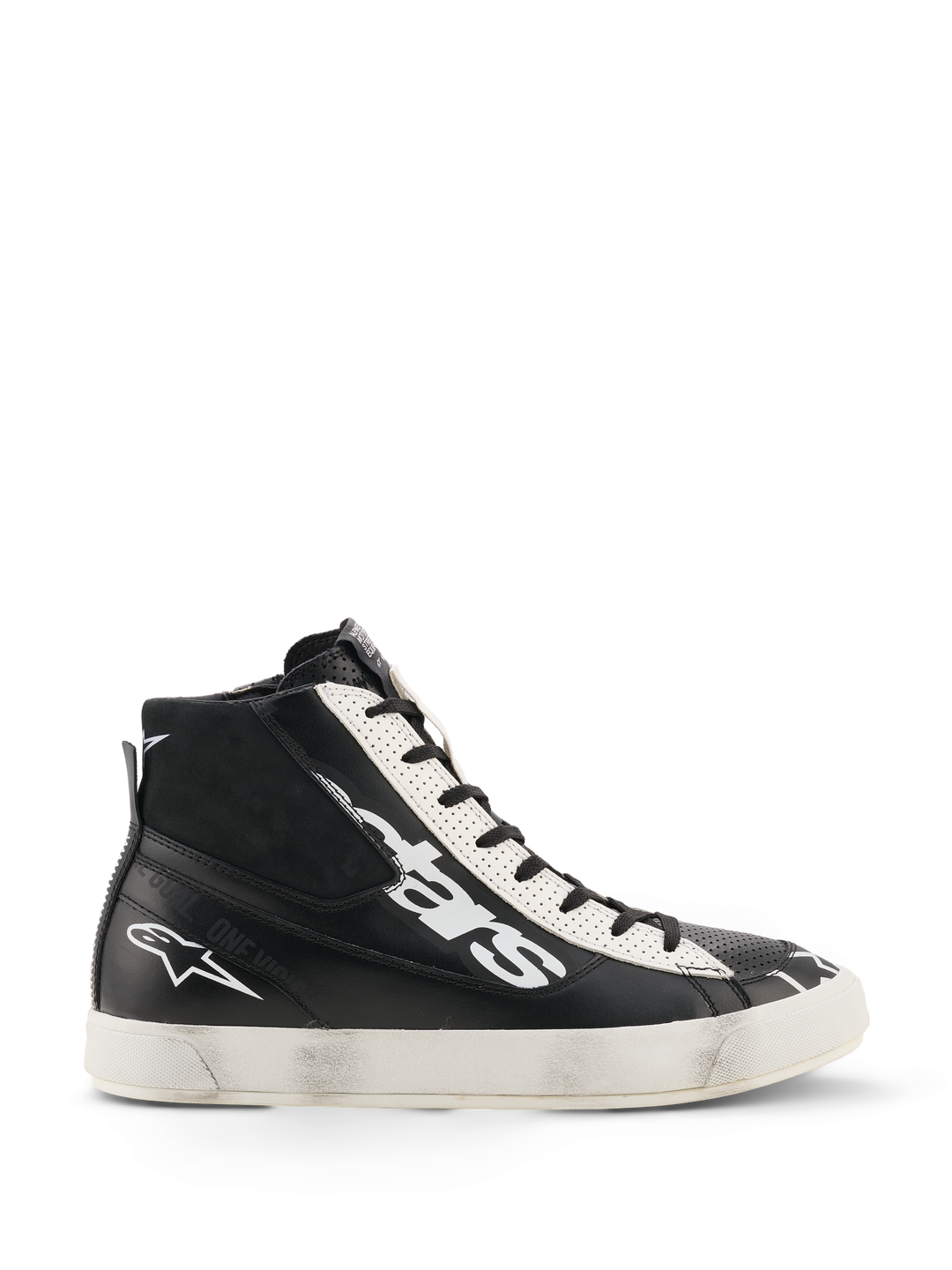 Alpinestars Stated Flair Shoes, Hohe Sneaker, Schwarz und Weiß, Perforierte Textur, Schwarze Sohle, Casual Streetwear-Stil