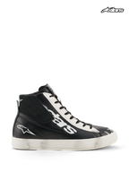 Alpinestars Chaussures De Moto Stated Flair, chaussures de moto urbaines pour homme noires et blanches, design montant en cuir avec protection de cheville certifiée CE et patine racing vintage