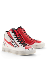 Alpinestars Stated Flair Schoenen, hoge motorschoenen, wit en felrood, premium leer met handmatig aangebrachte versleten afwerking, geperforeerde rode panelen, zwarte veters, laterale ritssluiting, urban heritage racing-stijl