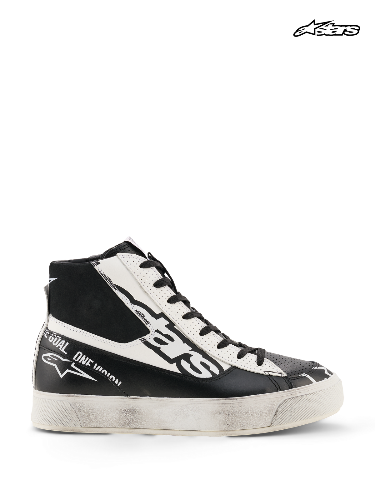 Alpinestars Stella Stated Flair schoenen, hoge dames-motorschoenen voor urban stadsrijden in zwart en wit, CE-gecertificeerd met TPF-enkelbeschermers en handmatig aangebracht versleten effect op de gevulkaniseerde rubberen zool, zijaanzicht
