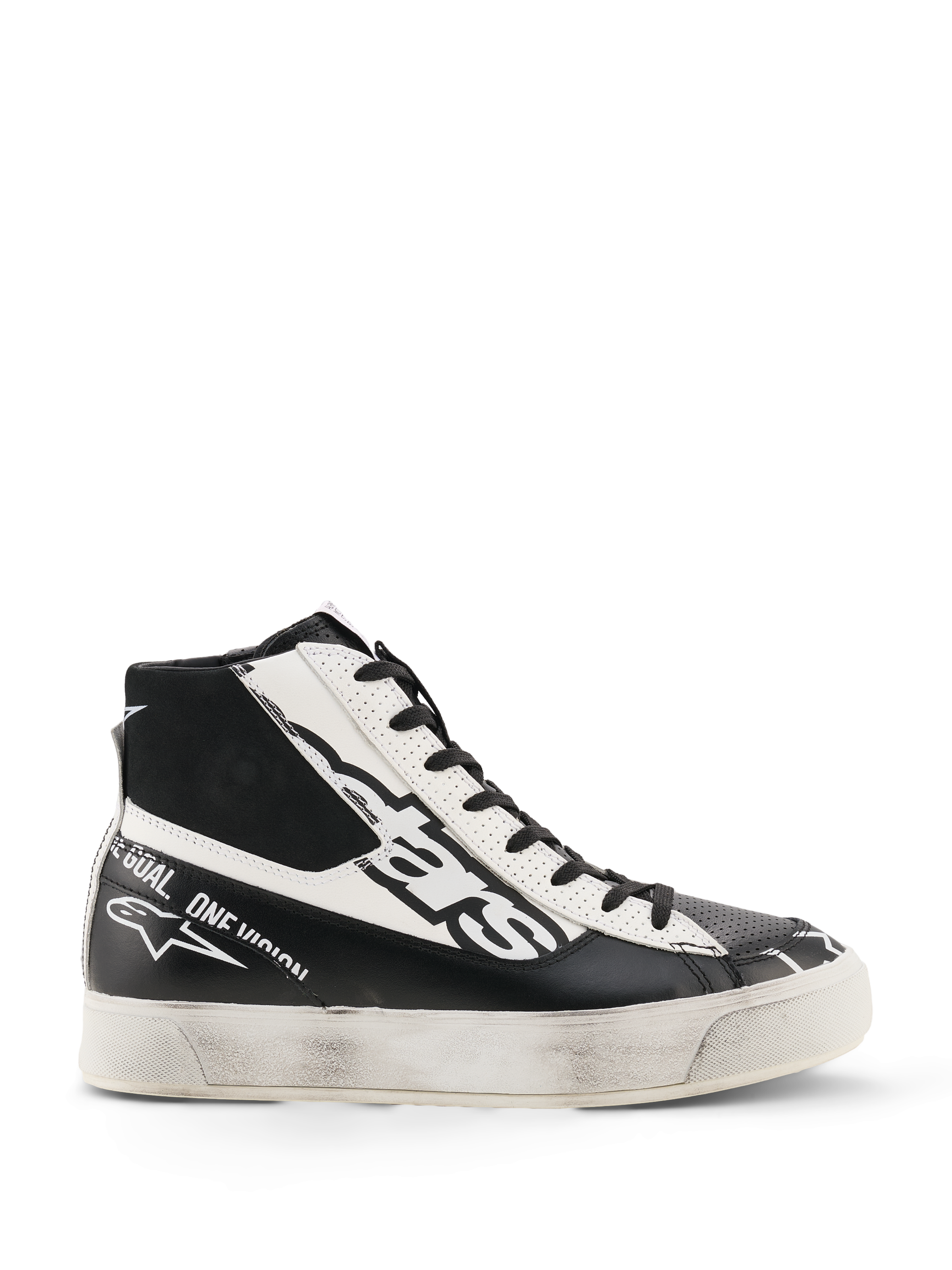Alpinestars Stella Stated Flair schoenen, hoge motorschoenen voor dames, zwart en wit, met geperforeerde leren panelen, opvallende logo-branding en een zool met een verweerde look, op motorsport geïnspireerde urban streetwear.