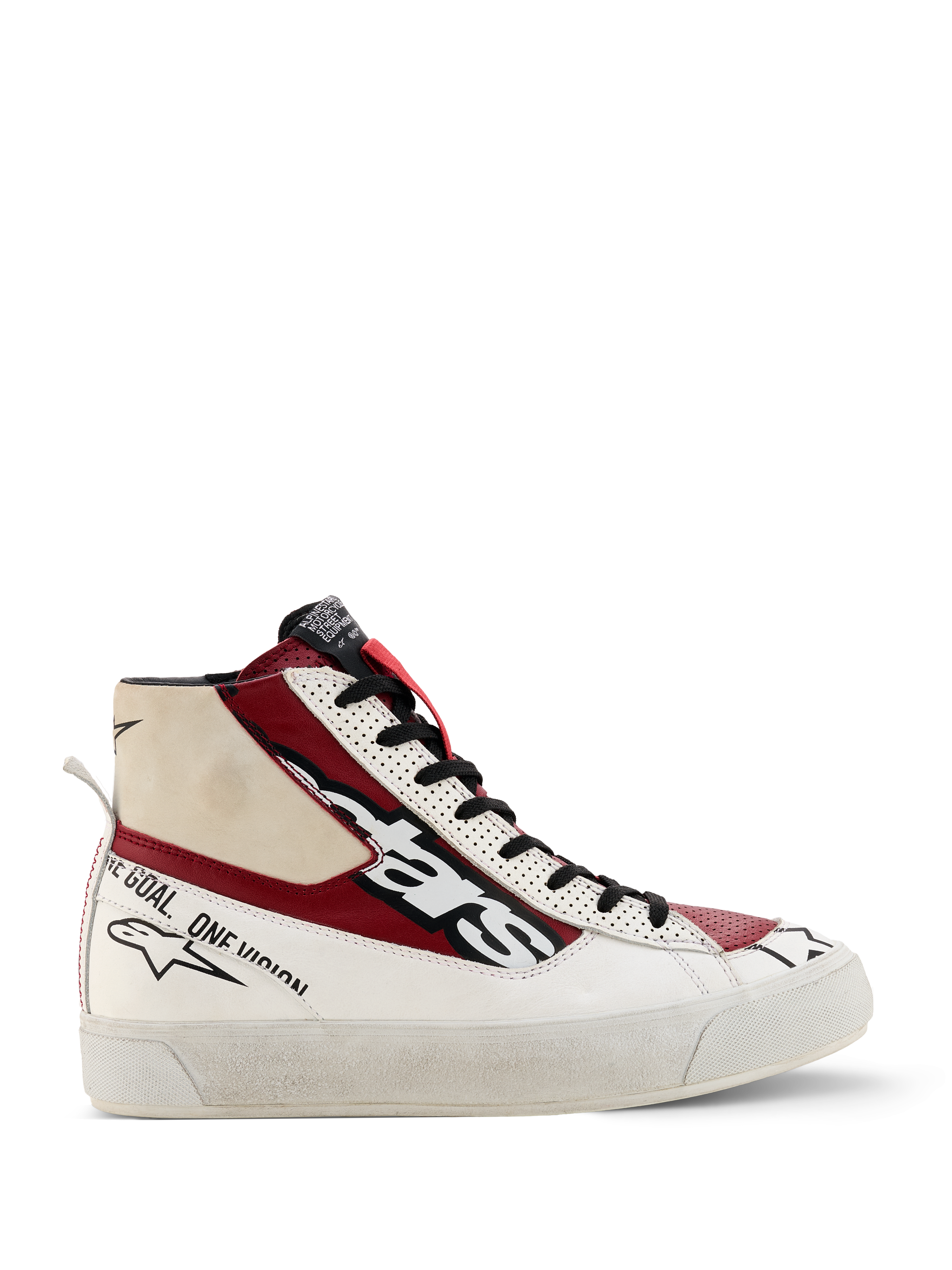 Alpinestars Stella Stated Flair schoenen, hoge dames sneakers, rood, wit en zwart, op de motorsport geïnspireerd ontwerp met "one goal one vision" branding, witte zool met textuur, treklusje, constructie van leer en stof