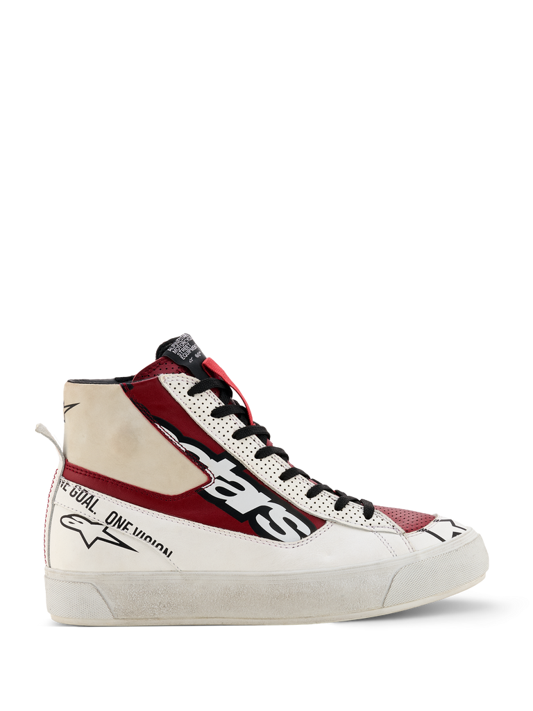 Alpinestars Stella Stated Flair Shoes, dames hoge sneakers, rood, wit en zwart, leren en stoffen constructie, geperforeerde teen, merklogo en tekst "stars" en "one goal, one vision", witte gestructureerde zool, treklusje aan achterkant