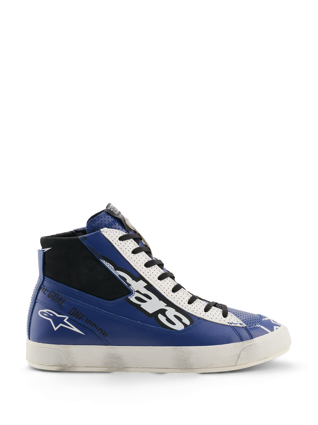 Alpinestars Stated Flair schoenen, stedelijke motorschoenen, helderblauw, wit en zwart, high-top leren constructie met een groot wit en zwart 'stars' logo, 'One Goal. One Vision.' tekst op de zijkant en een vintage-geïnspireerde witte gevulkaniseerde zool met een handmatig aangebracht versleten effect