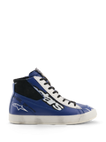 Alpinestars Stated Flair schoenen, stedelijke motorschoenen, helderblauw, wit en zwart, high-top leren constructie met een groot wit en zwart 'stars' logo, 'One Goal. One Vision.' tekst op de zijkant en een vintage-geïnspireerde witte gevulkaniseerde zool met een handmatig aangebracht versleten effect