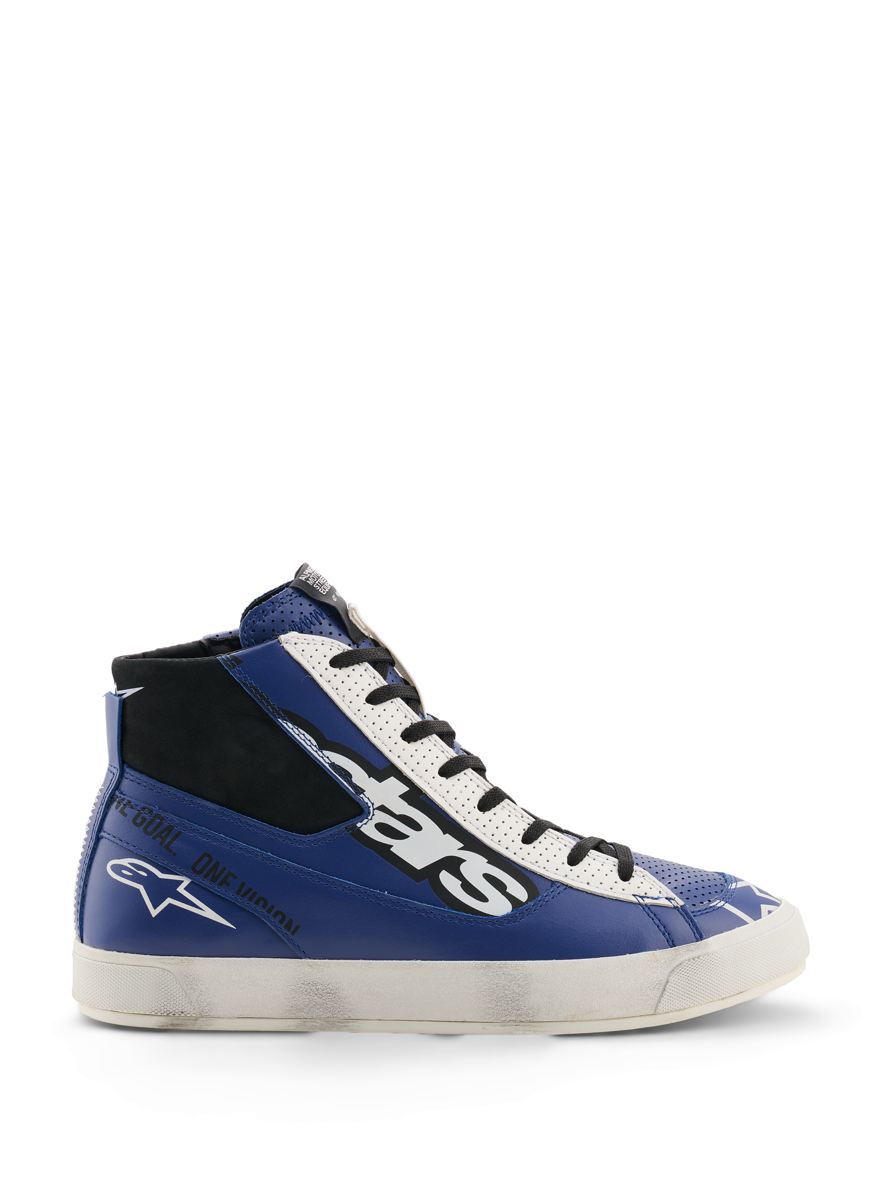 Alpinestars Stated Flair schoenen, stedelijke motorschoenen, helderblauw, wit en zwart, high-top leren constructie met een groot wit en zwart 'stars' logo, 'One Goal. One Vision.' tekst op de zijkant en een vintage-geïnspireerde witte gevulkaniseerde zool met een handmatig aangebracht versleten effect