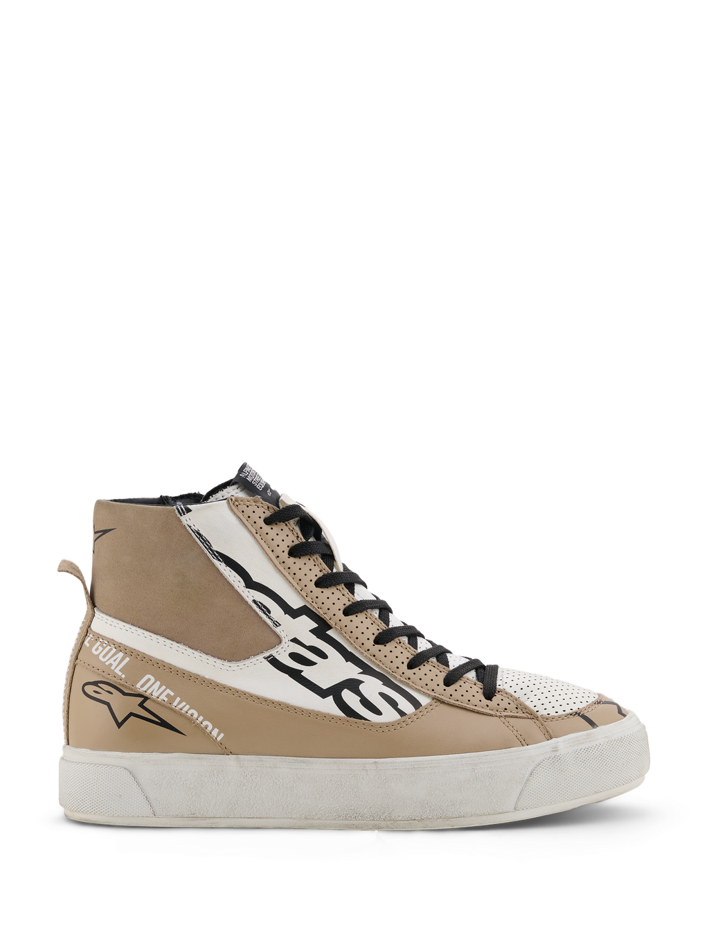 Alpinestars Stella Stated Flair schoenen, hoge dames motorschoenen in warm grijs en wit, met zwarte veters, geperforeerde leren details en 'One Goal. One Vision.' tekst op de zijkant.