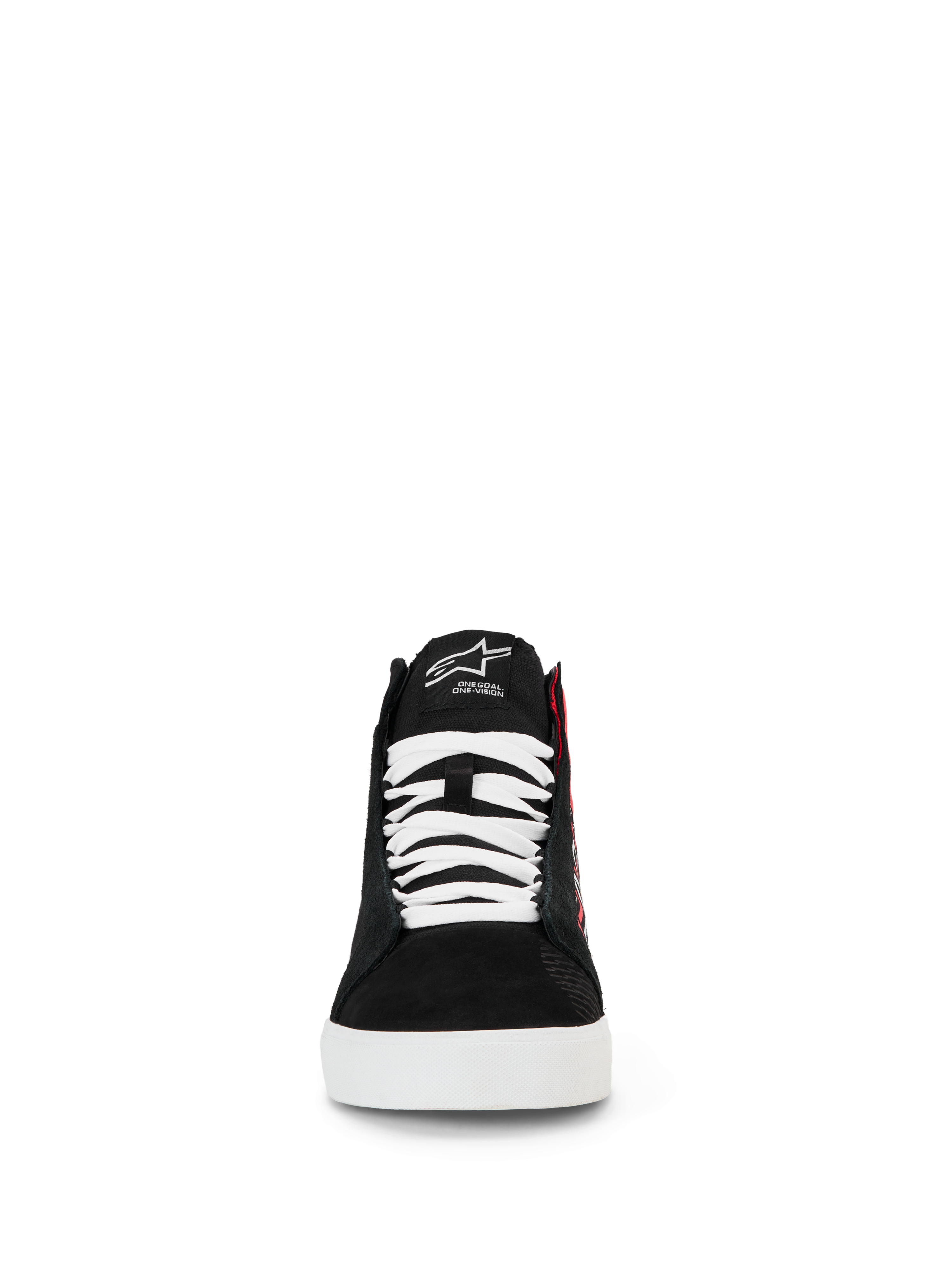 Alpinestars FQ20 Ride-63 Canvas schoenen, urban motorschoenen, zwart, wit en felrood, vooraanzicht van een hoog silhouet met witte veters, zwart canvas bovenwerk en witte zool, met geborduurd logo op de tong en casual skate-geïnspireerd ontwerp