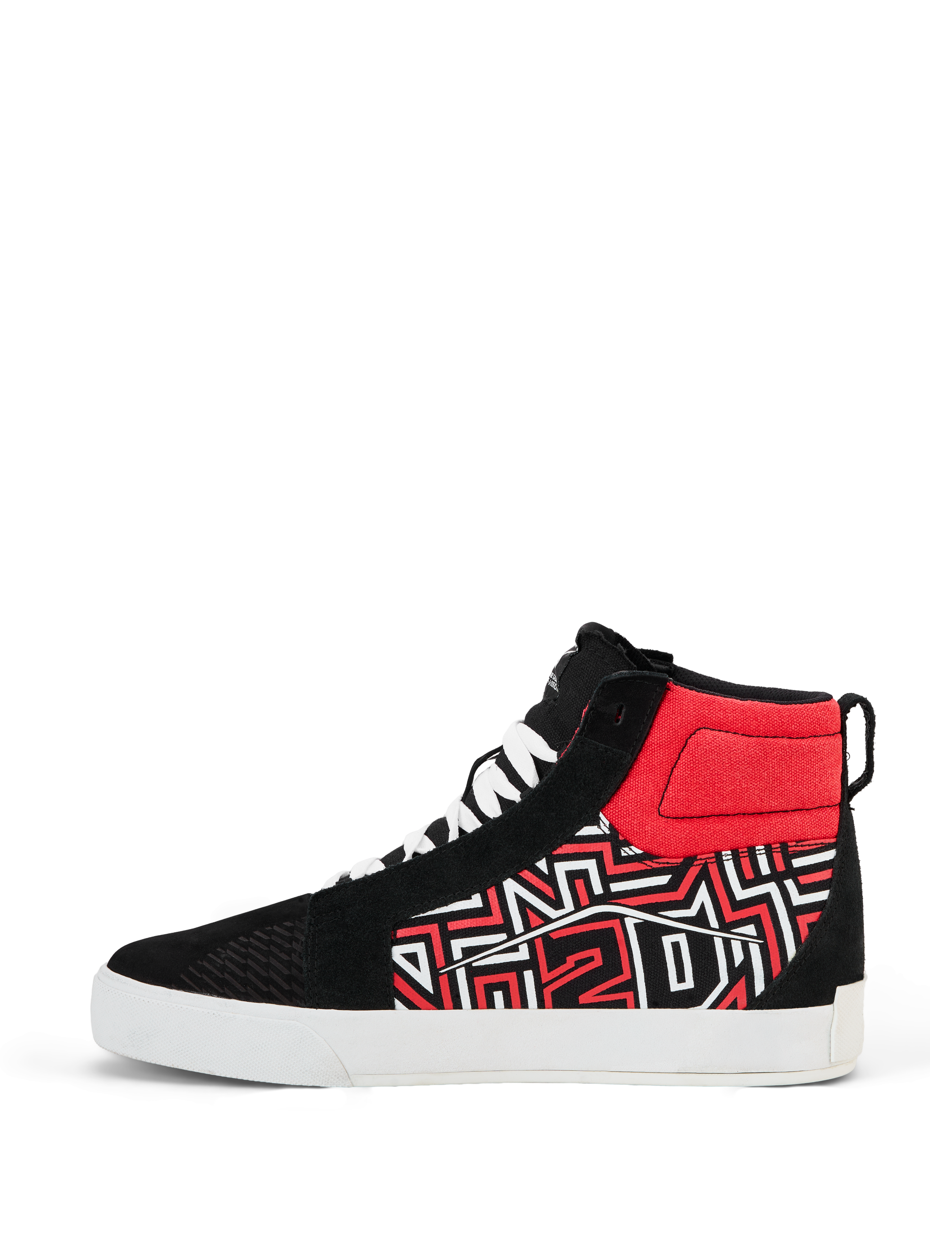 Alpinestars FQ20 Ride-63 canvas schoenen, hoge motorschoenen, zwart, wit en felrood, voorzien van een gestileerd grafisch patroon aan de zijkant, witte veters en een dikke witte gevulkaniseerde zool, casual skate-stijl ontwerp voor stedelijk rijden