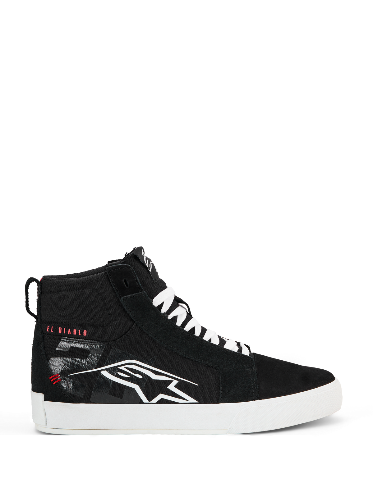 Alpinestars FQ20 Ride-63 Canvas schoenen, zwarte hoge motorschoenen voor op straat, wit Alpinestars-logo en rode "EL DIABLO"-tekst op de zijkant, witte zool en veters, casual stedelijk motorschoeisel