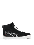 Alpinestars FQ20 Ride-63 Canvas schoenen, zwarte hoge motorschoenen voor op straat, wit Alpinestars-logo en rode "EL DIABLO"-tekst op de zijkant, witte zool en veters, casual stedelijk motorschoeisel