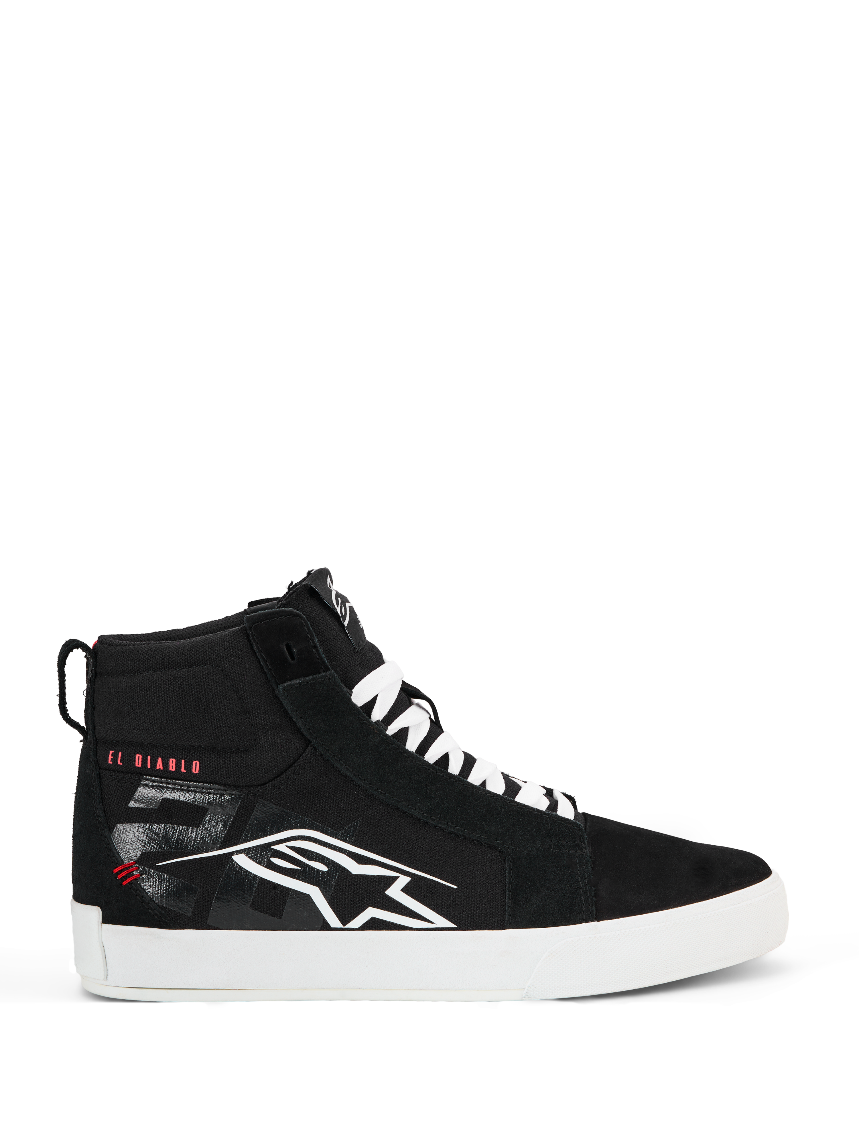 Alpinestars FQ20 Ride-63 Canvas schoenen, zwarte hoge motorschoenen voor op straat, wit Alpinestars-logo en rode "EL DIABLO"-tekst op de zijkant, witte zool en veters, casual stedelijk motorschoeisel