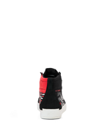 Alpinestars FQ20 Ride-63 Canvas schoenen, achteraanzicht, zwarte canvas hoge schoen met felrode accenten en witte gevulkaniseerde zool, voorzien van 'EL DIABLO' branding, casual stedelijk rijschoeisel