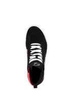 Alpinestars FQ20 Ride-63 Canvas schoen, bovenaanzicht, zwart met witte veters en Bright Red hielsectie, hoge casual rijschoen met Alpinestars-logo op de tong