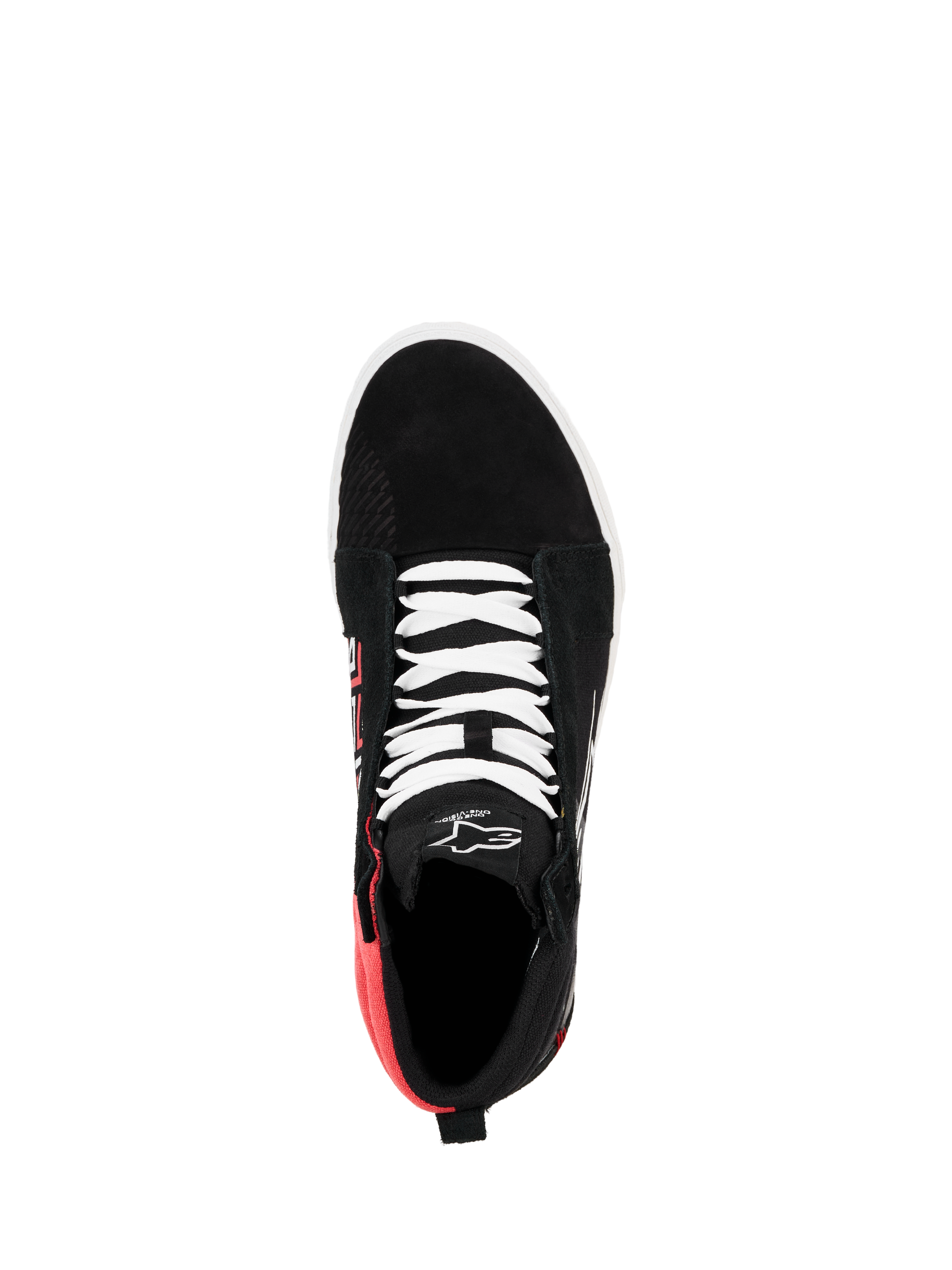 Alpinestars FQ20 Ride-63 Canvas schoen, bovenaanzicht, zwart met witte veters en Bright Red hielsectie, hoge casual rijschoen met Alpinestars-logo op de tong