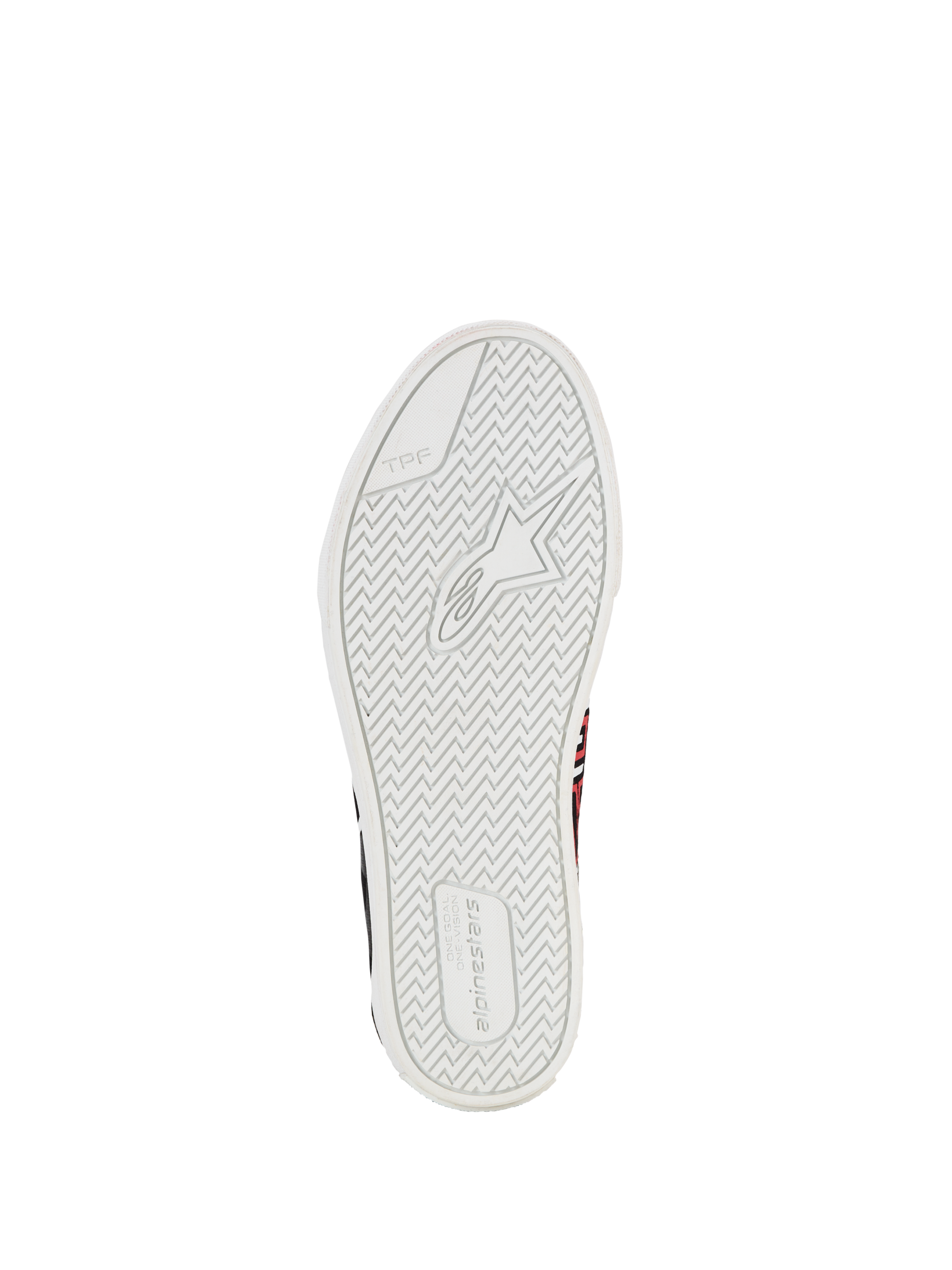 Alpinestars FQ20 Ride-63 Canvas Schoenen, stedelijke motorschoenen, zoolaanzicht met wit gevulkaniseerd rubber en een getextureerd visgraatprofiel, Alpinestars-logo en TPF-markering, ontworpen voor grip en comfort op en naast de motor