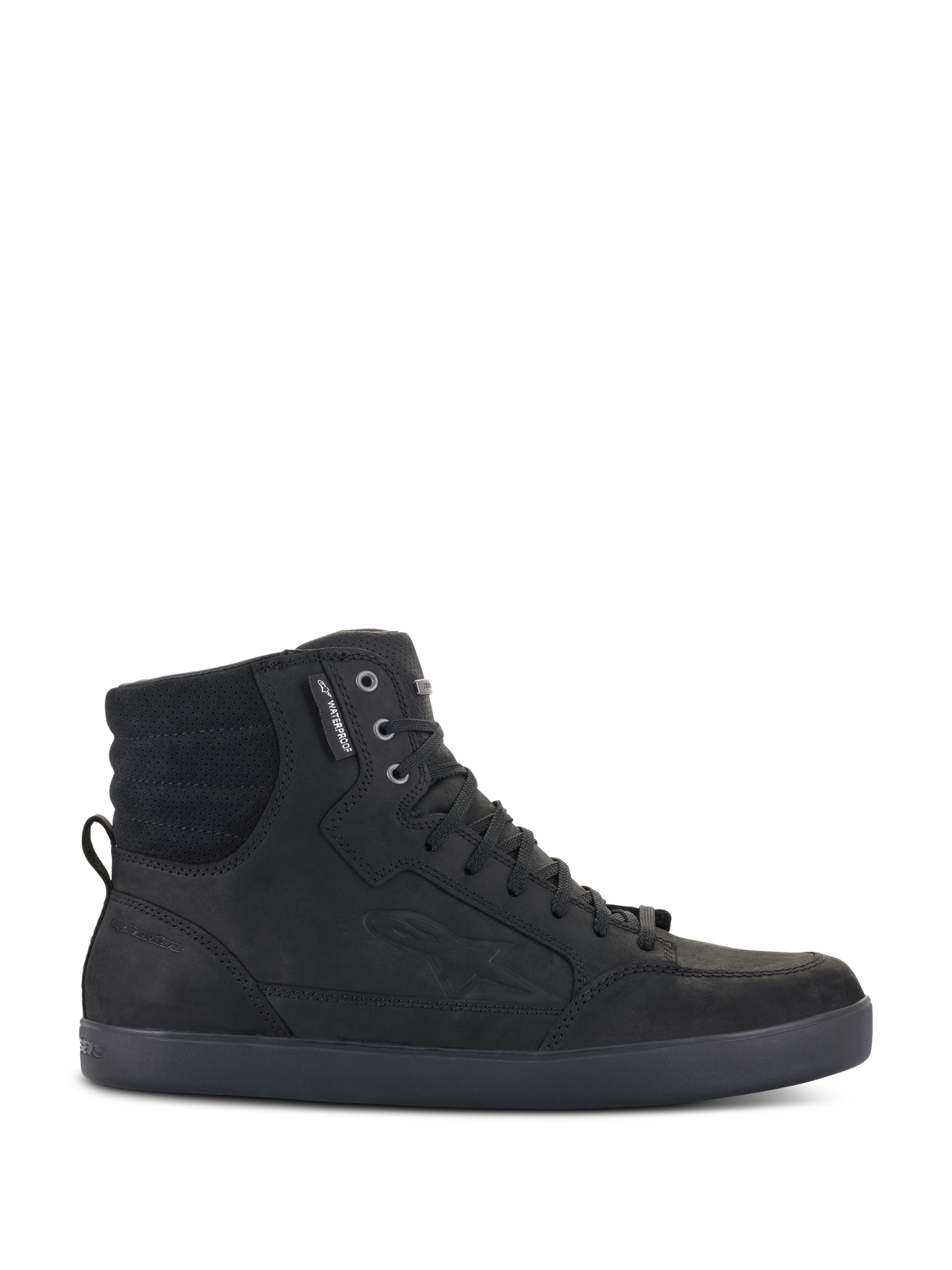 Alpinestars J-6 Waterproof Shoe, basket de moto urbaine montante noire, vue de profil montrant la construction en cuir premium, fermeture à lacets et col de cheville rembourré