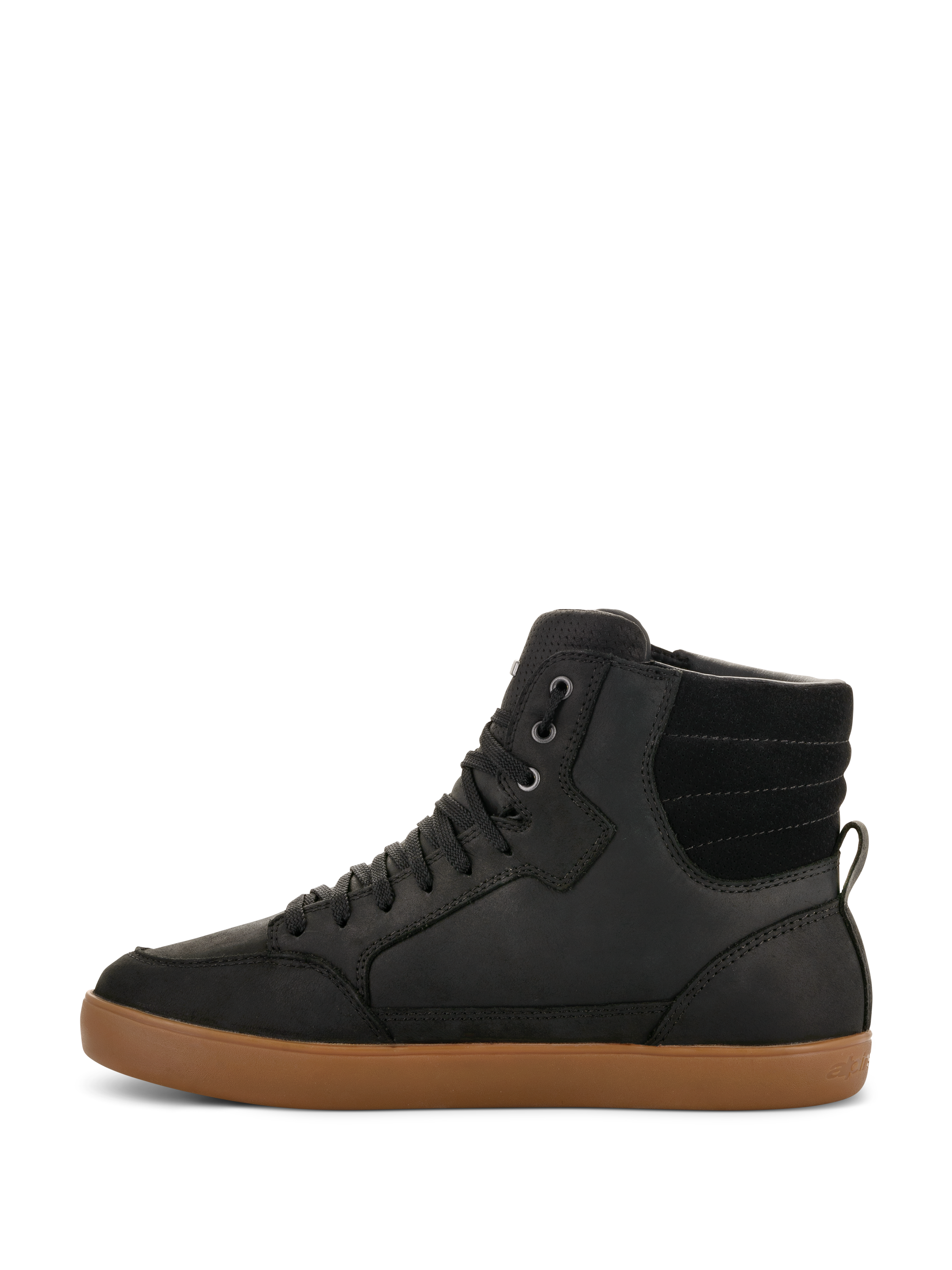 Alpinestars J-6 Waterproof Shoe, Motorcycle Riding Shoe, Black with Brown Gum sole, side profile view, high-top sneaker design, leather upper, casual urban motorcycle footwear