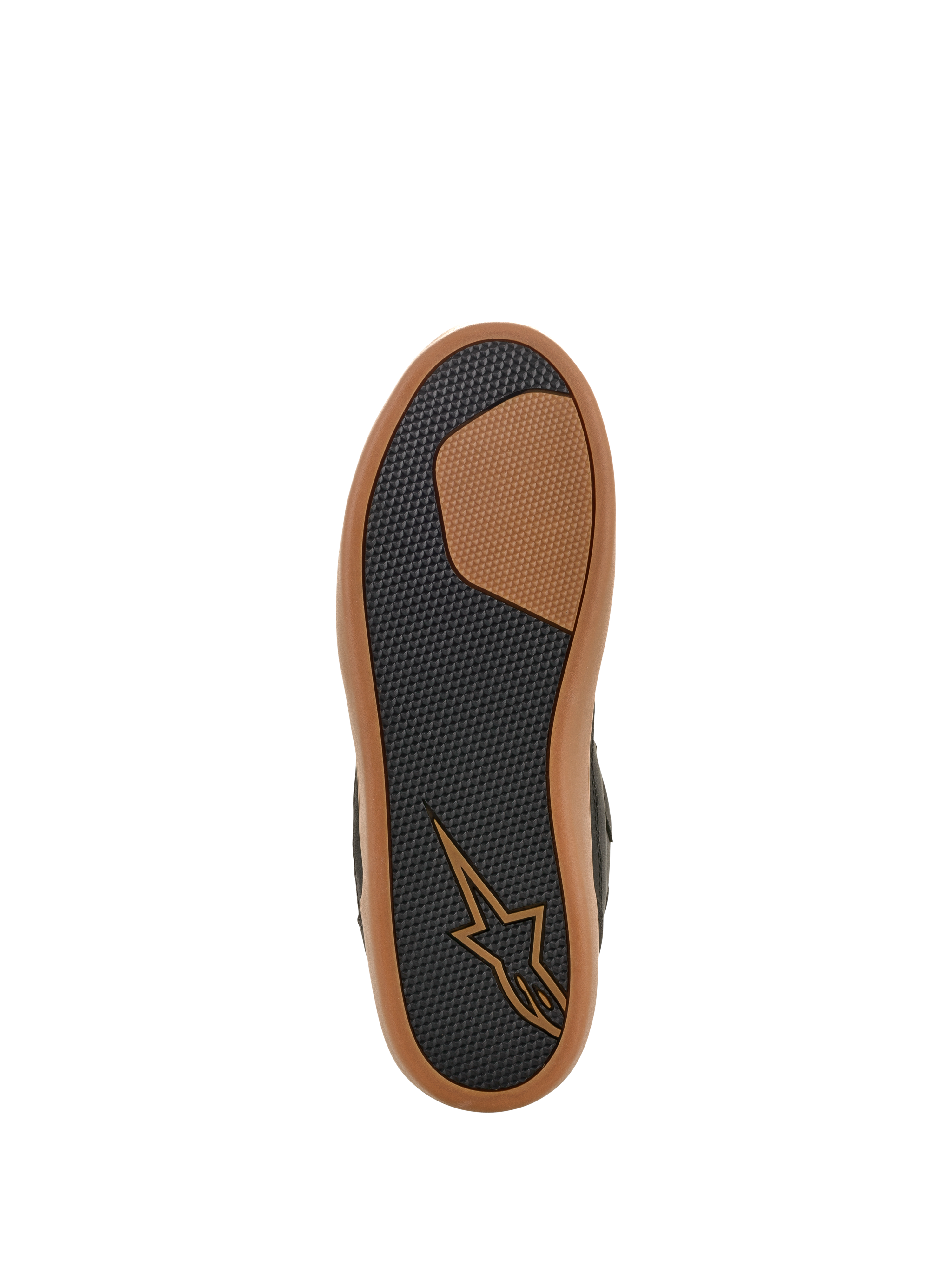 Alpinestars J-6 Waterproof Shoe, bottom sole view, Black and Gum, textured rubber tread for grip and durability, featuring tan Astars logo and gum-colored outer rim, sneaker-style motorcycle footwear